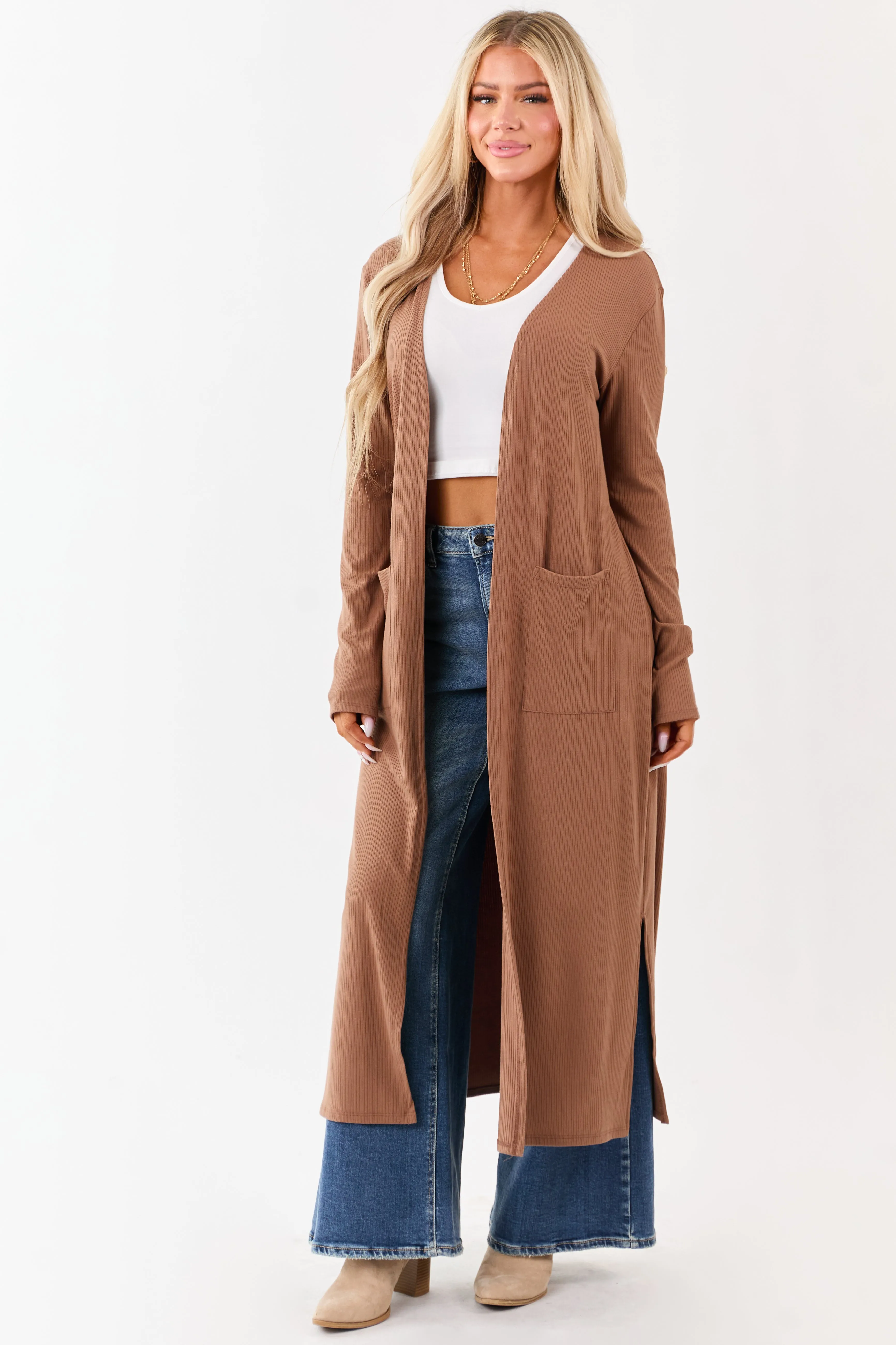 Chestnut Open Front Rib Knit Duster Cardigan sold by Lime Lush product image thumbnail 2