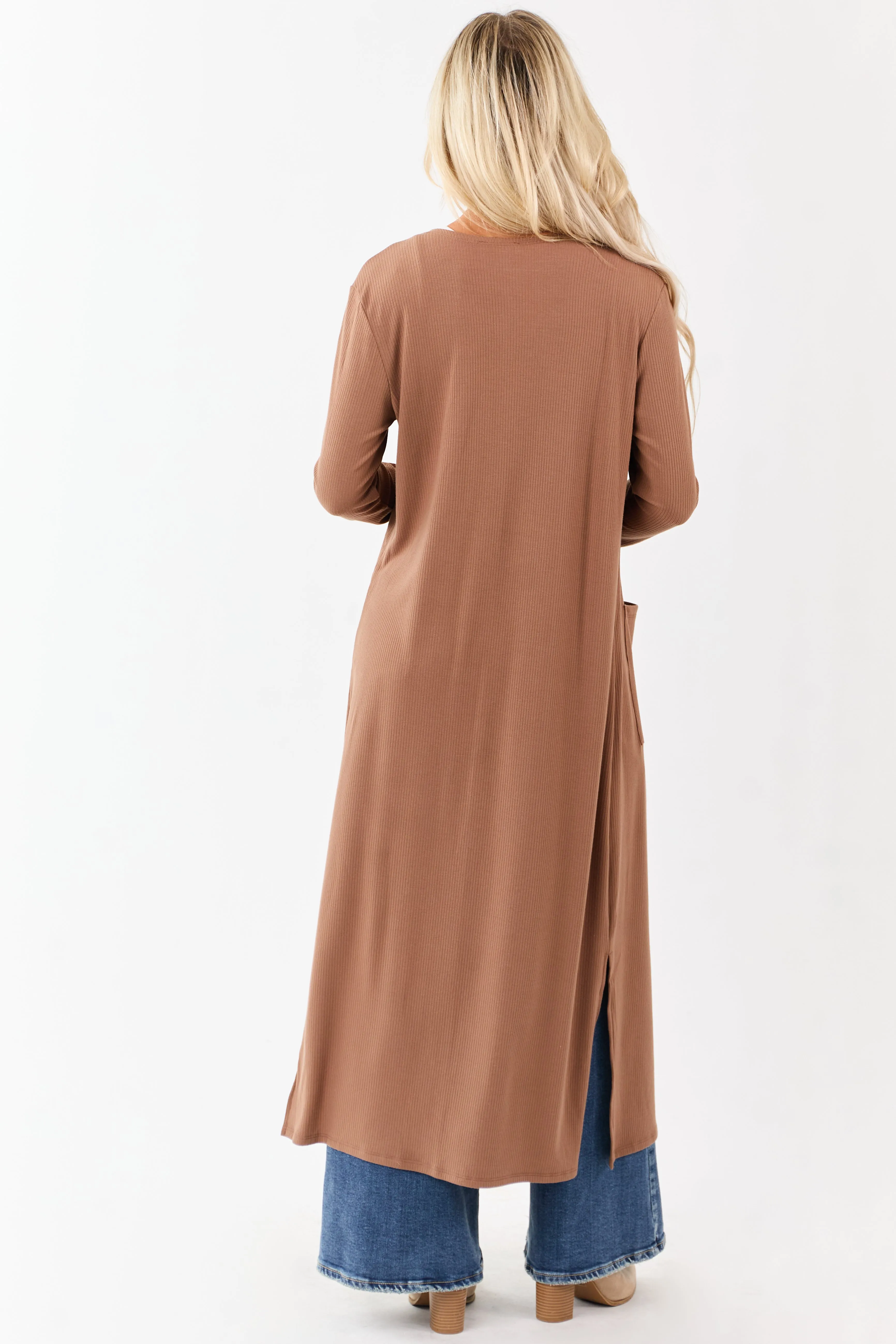 Chestnut Open Front Rib Knit Duster Cardigan sold by Lime Lush product image thumbnail 5