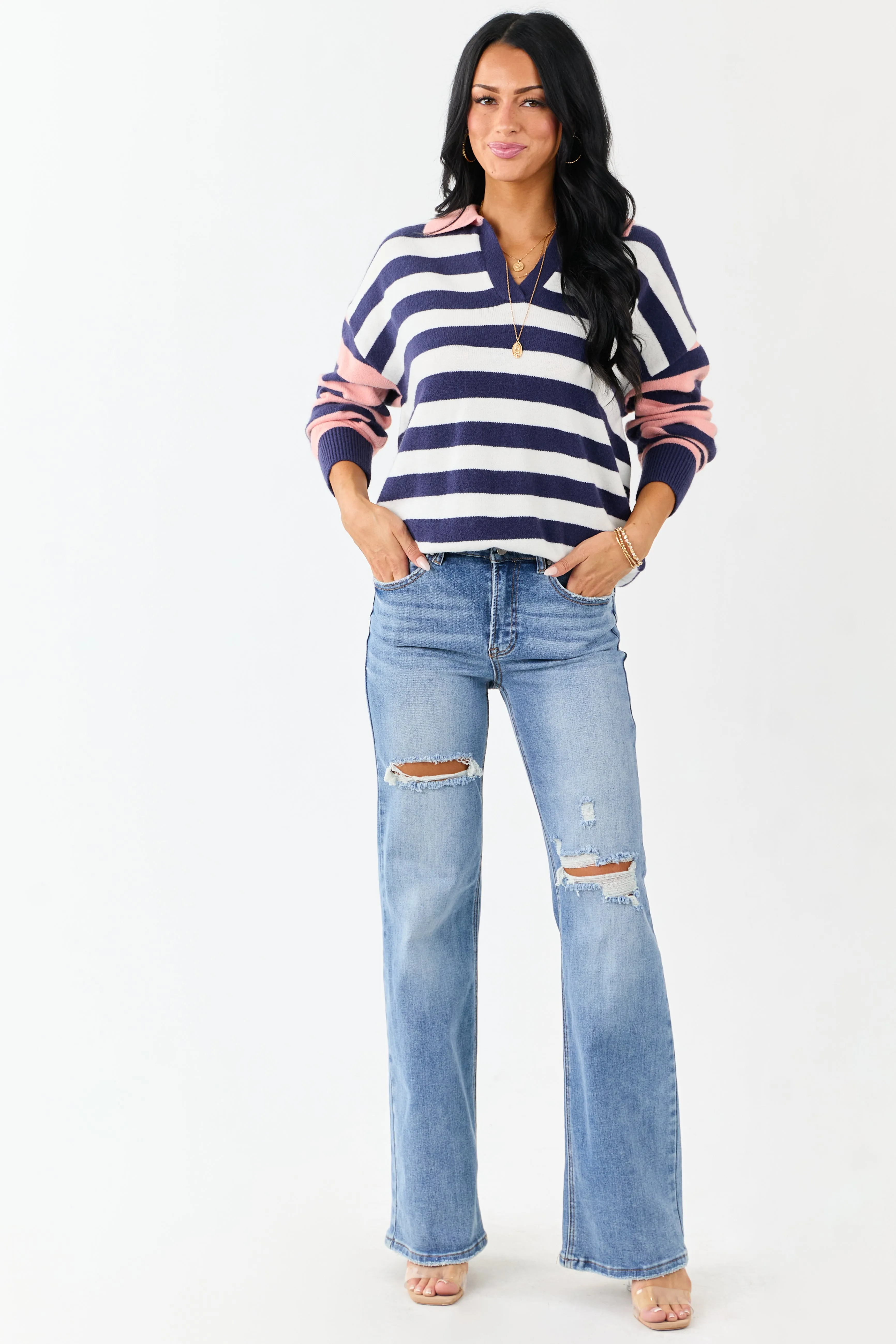 Lovelo Navy and Coral Striped Collared Sweater sold by Lime Lush product image thumbnail 2