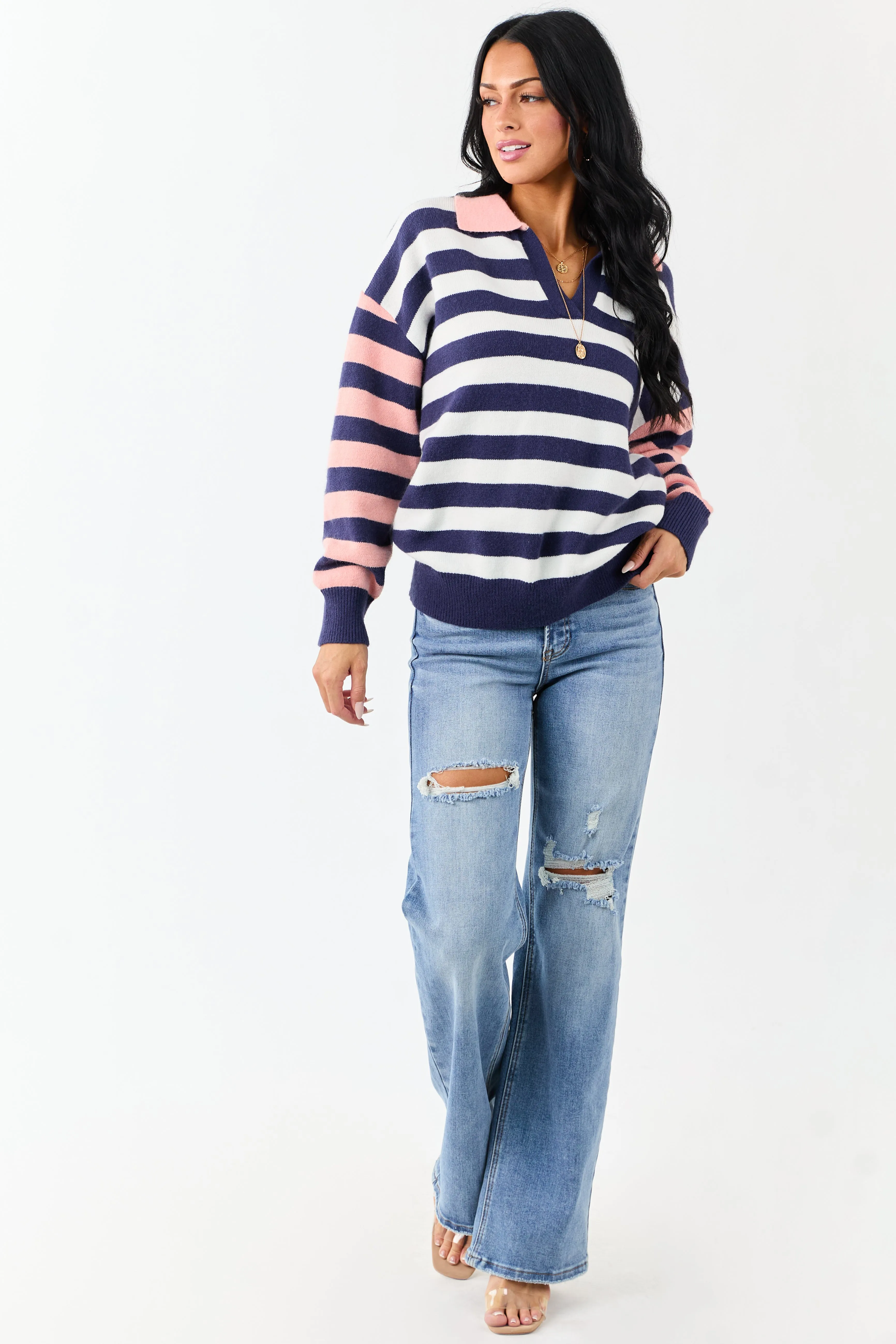 Lovelo Navy and Coral Striped Collared Sweater sold by Lime Lush product image thumbnail 4