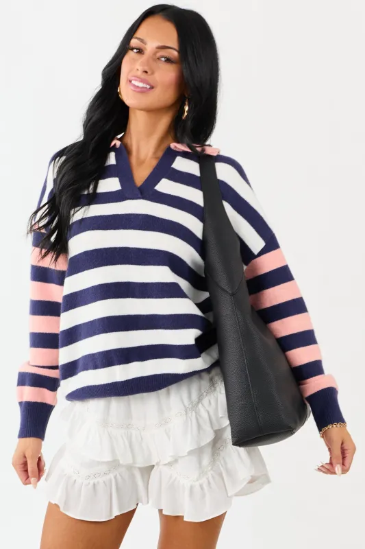Lovelo Navy and Coral Striped Collared Sweater sold by Lime Lush