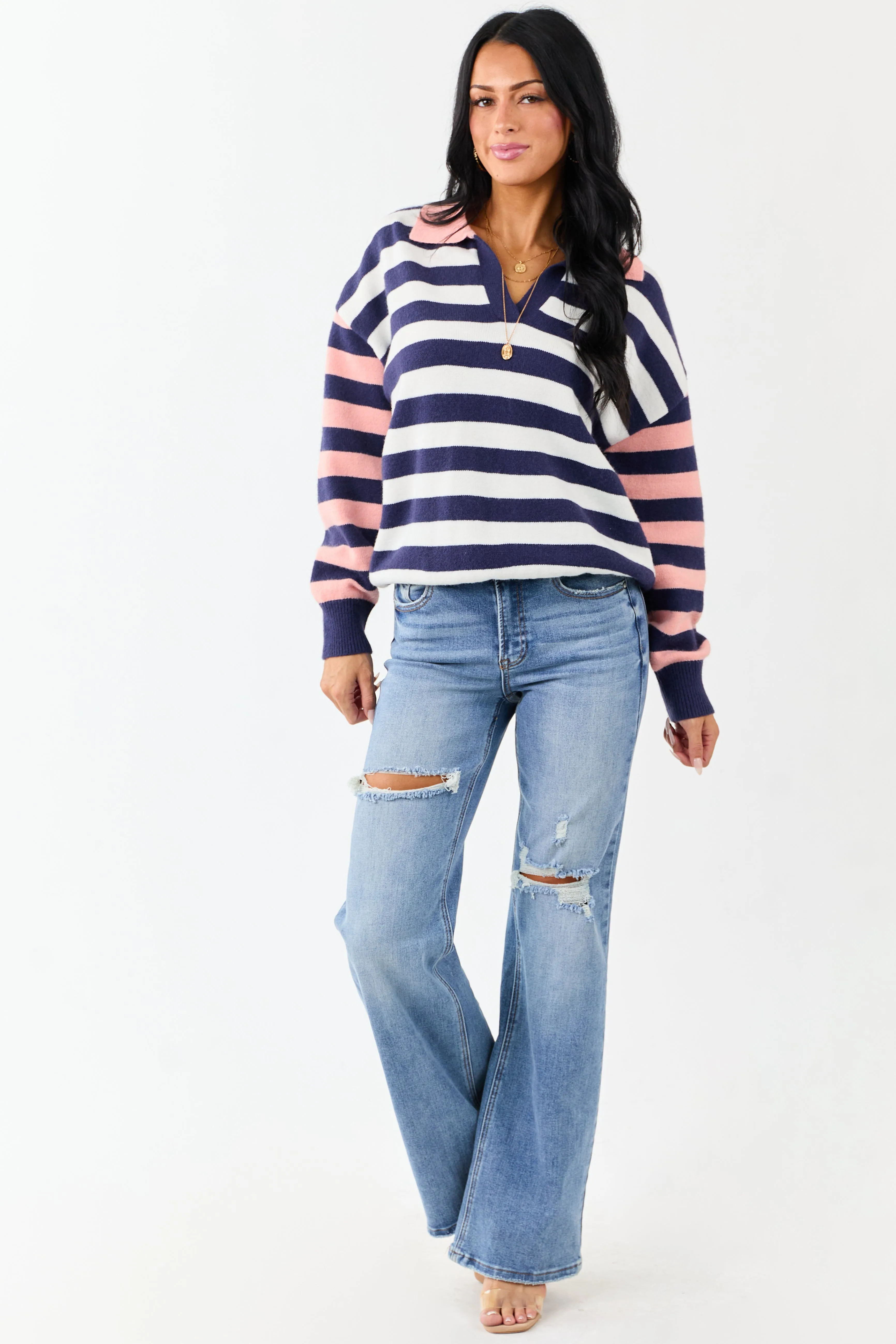 Lovelo Navy and Coral Striped Collared Sweater sold by Lime Lush product image thumbnail 5