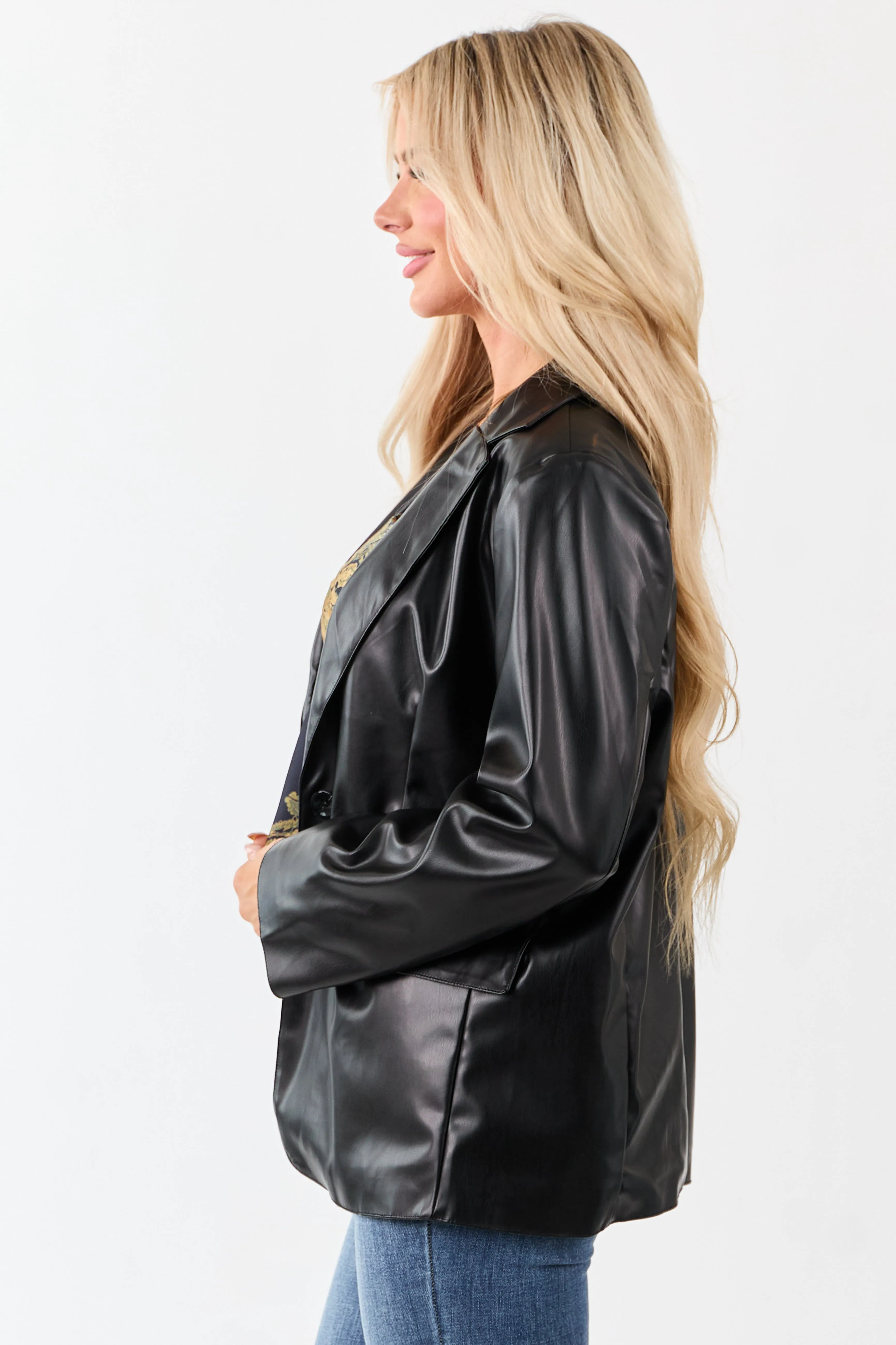 Black Faux Leather Lapel Collar Blazer sold by Lime Lush product image thumbnail 4