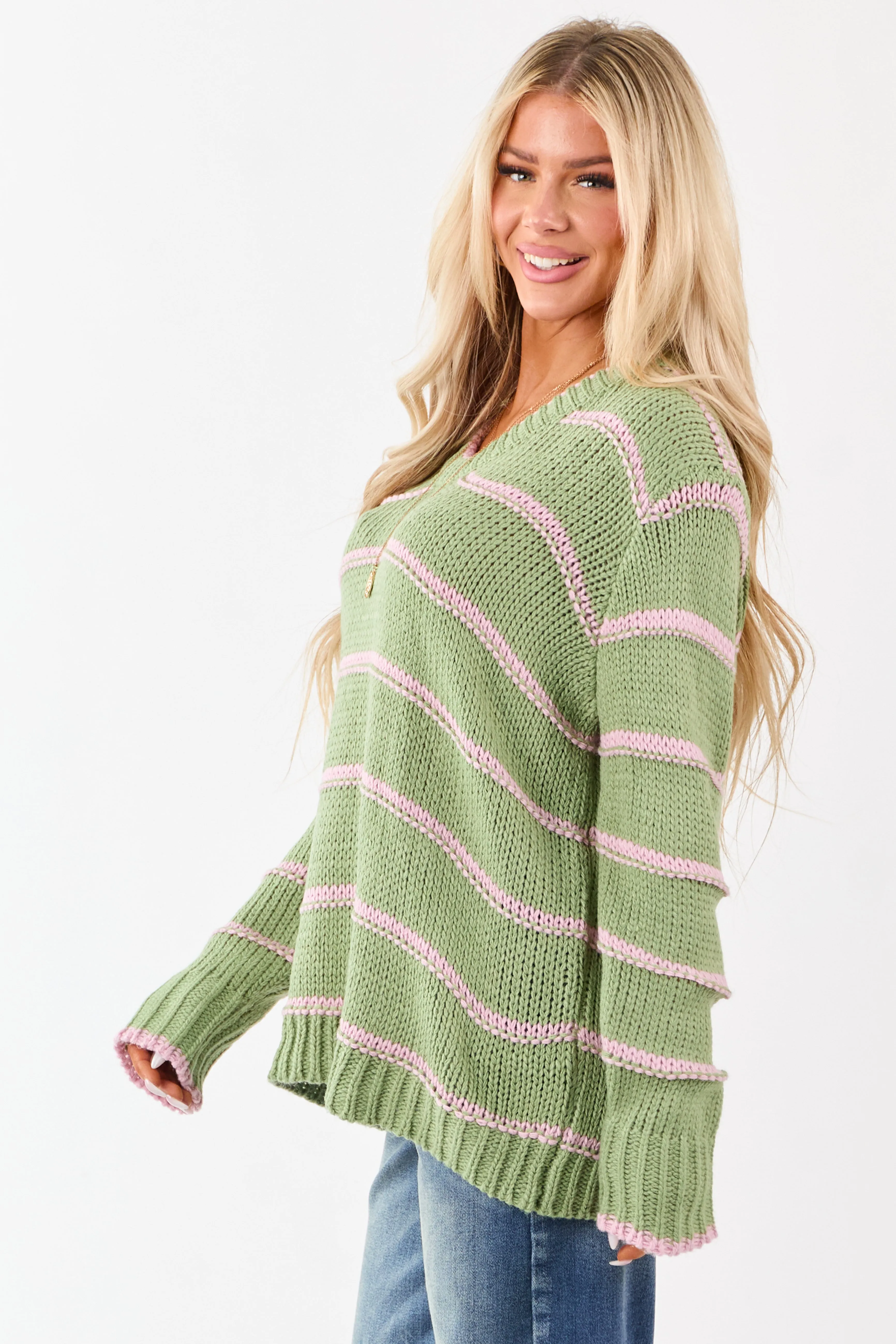 Sage Striped V-Neck Knit Pullover Sweater sold by Lime Lush product image thumbnail 5