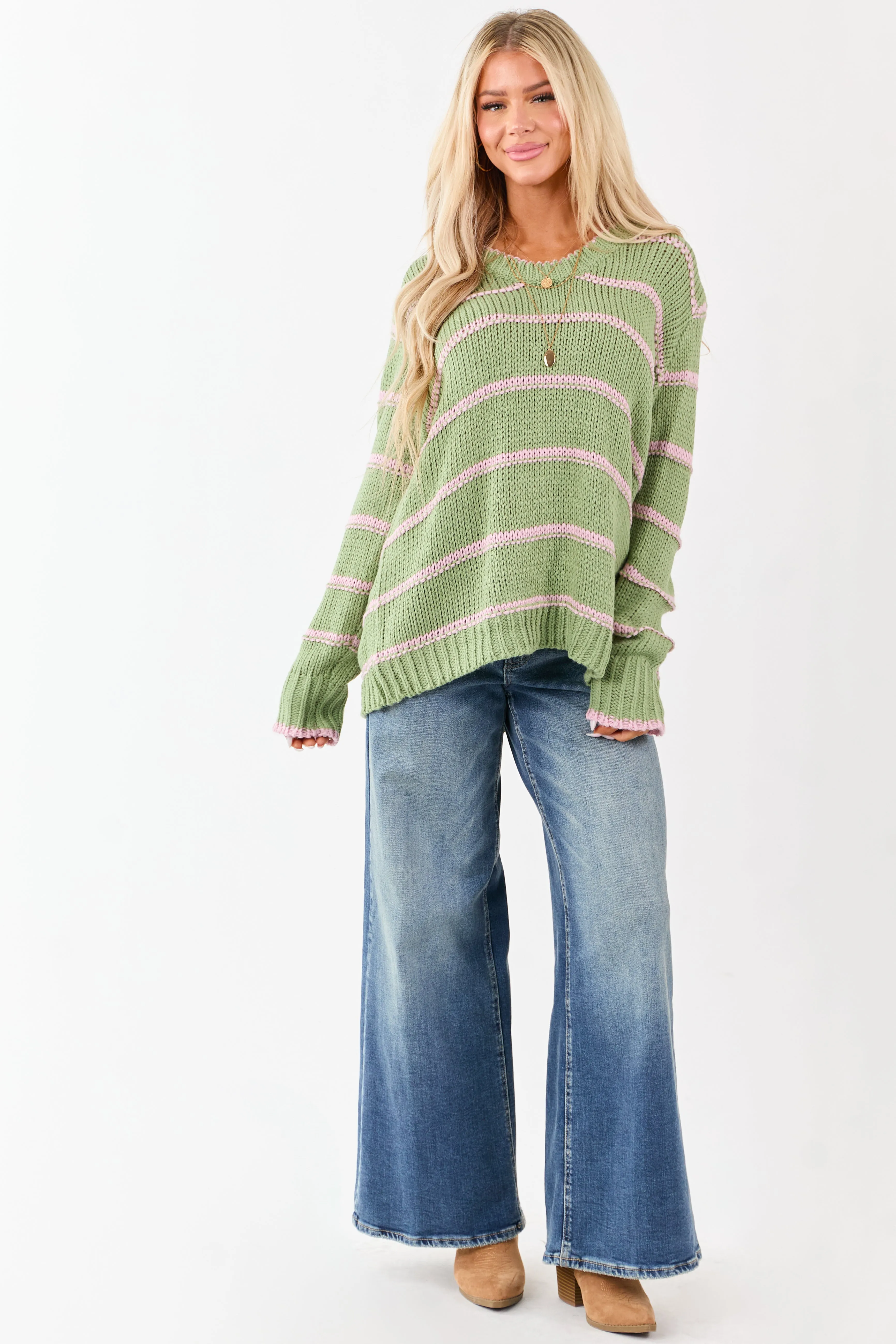Sage Striped V-Neck Knit Pullover Sweater sold by Lime Lush product image thumbnail 2