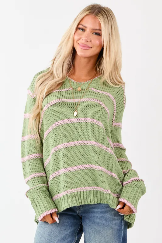 Sage Striped V-Neck Knit Pullover Sweater sold by Lime Lush