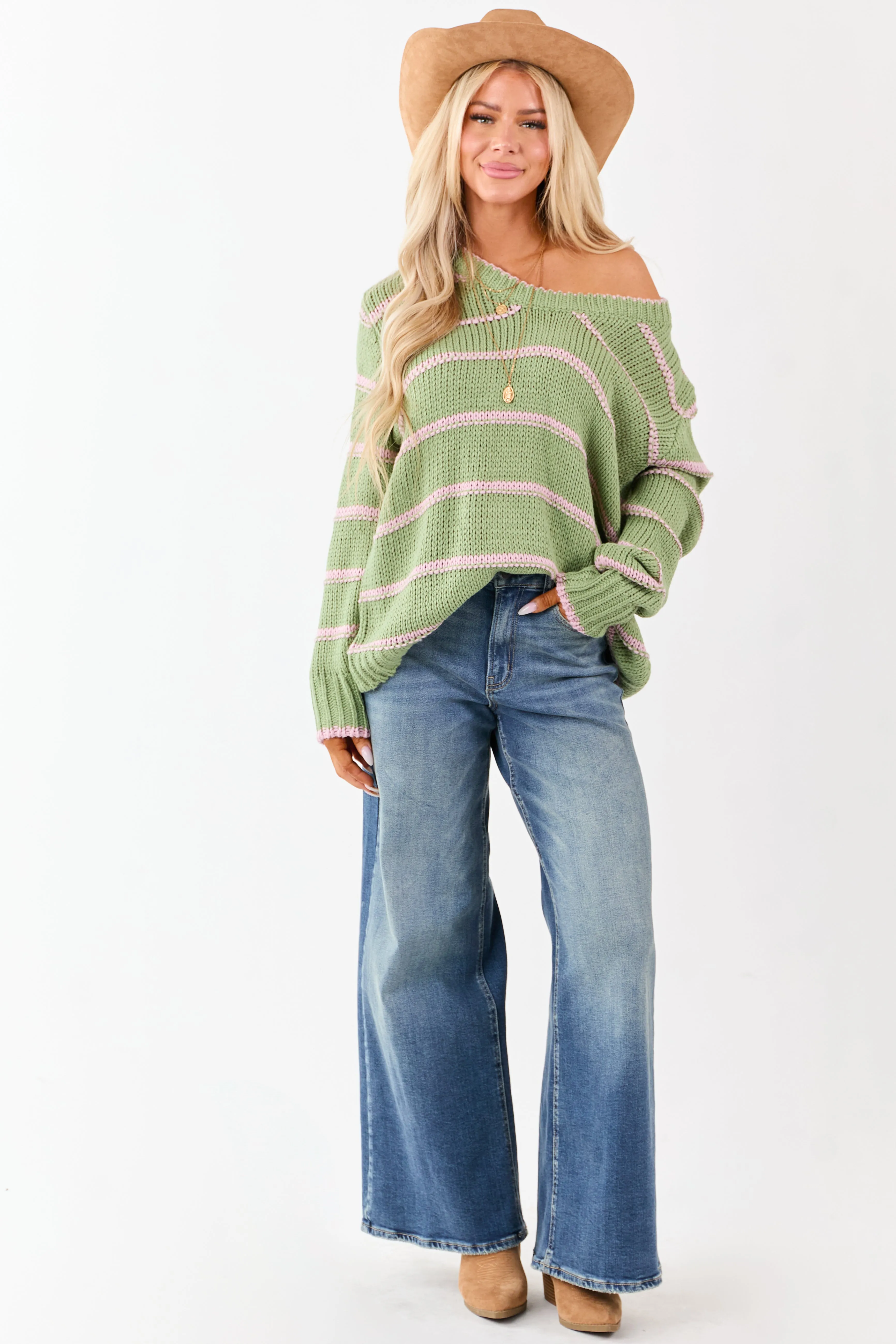 Sage Striped V-Neck Knit Pullover Sweater sold by Lime Lush product image thumbnail 4