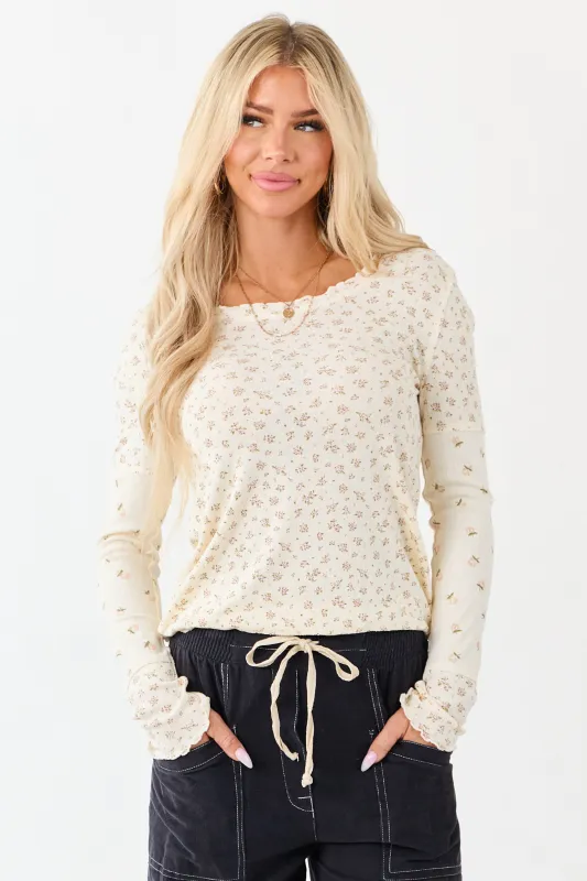 Cream Ditsy Floral Contrast Long Sleeve Knit Top sold by Lime Lush