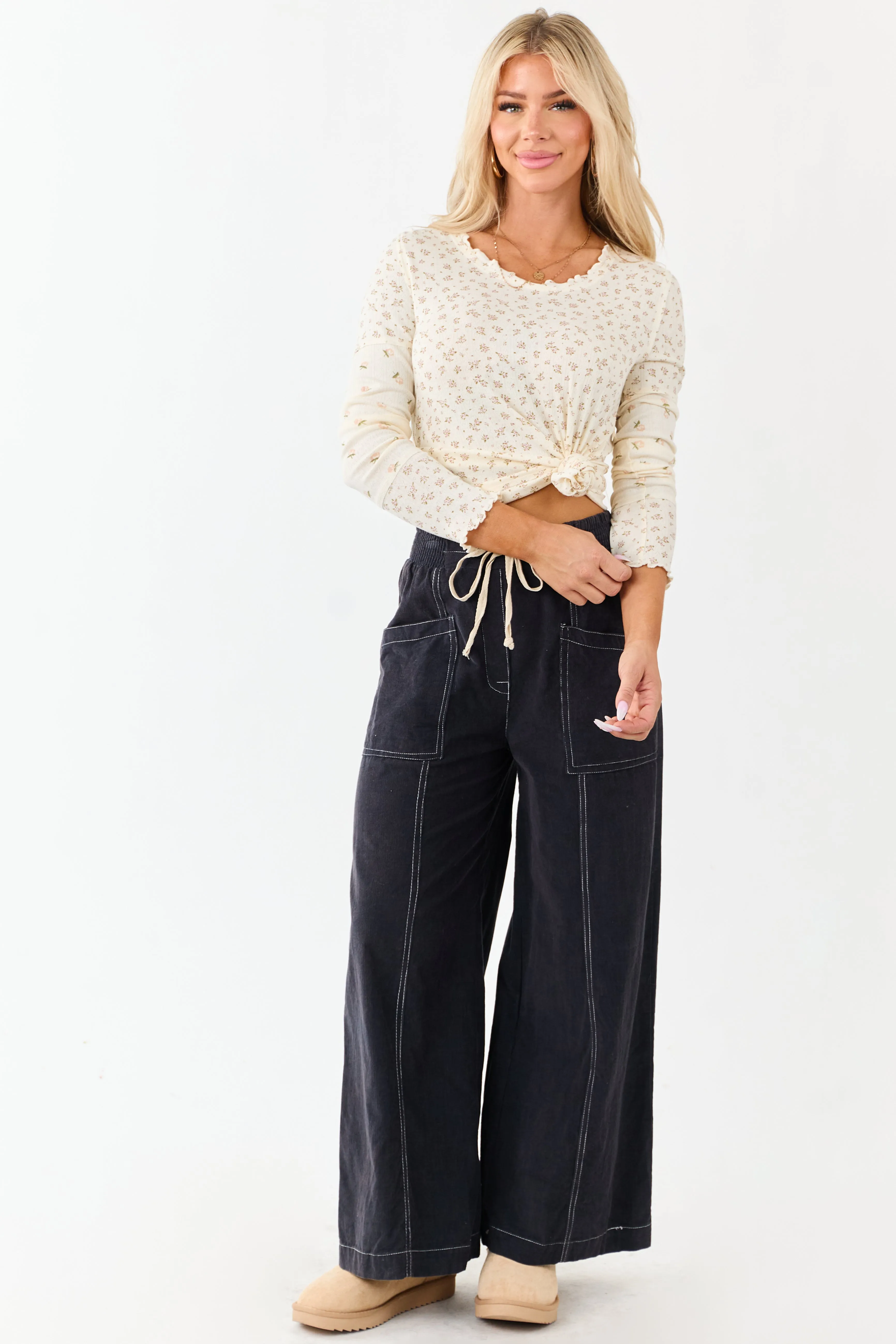 Cream Ditsy Floral Contrast Long Sleeve Knit Top sold by Lime Lush product image thumbnail 3