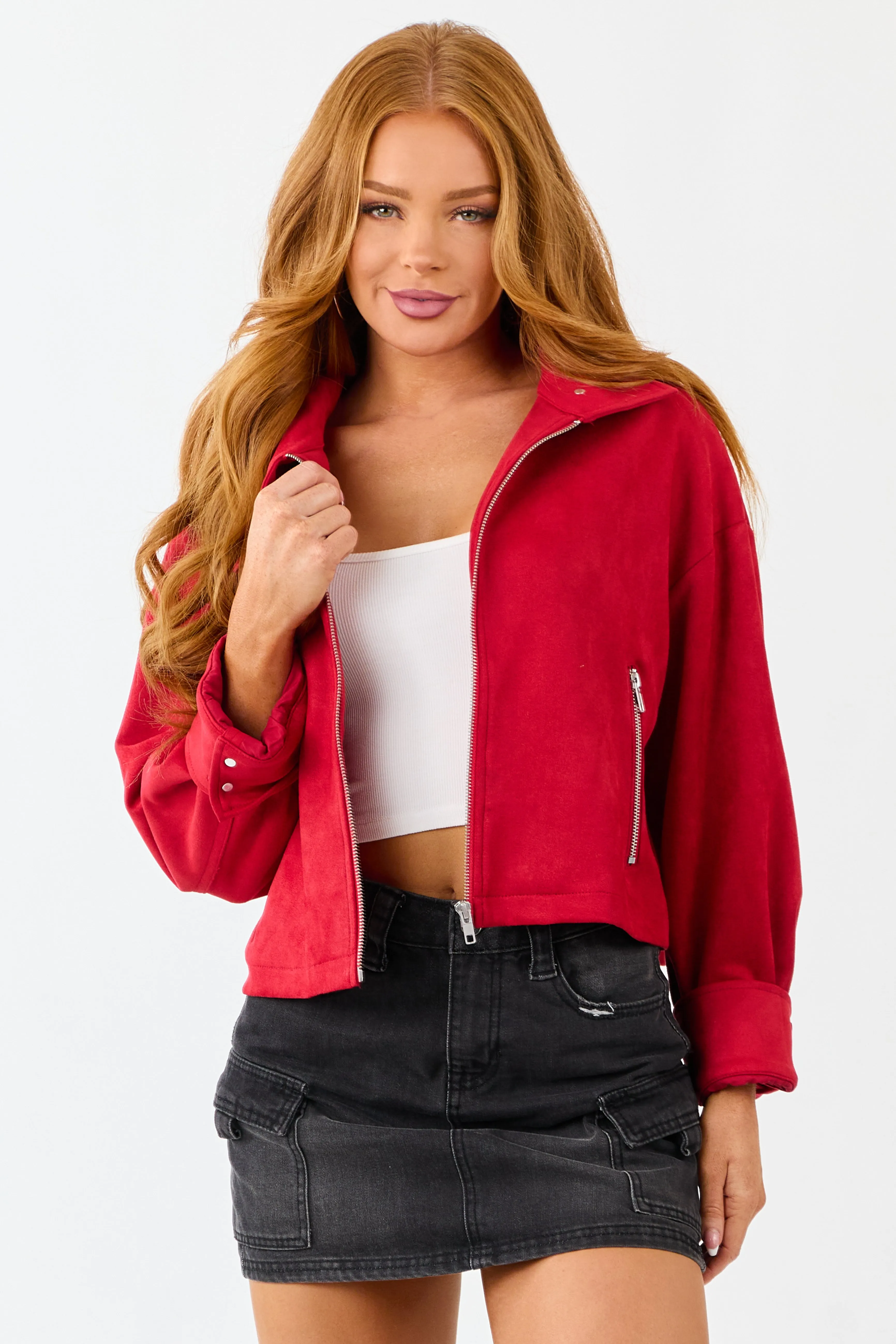 Crimson Faux Suede Long Sleeve Zip Up Jacket sold by Lime Lush product image thumbnail 3