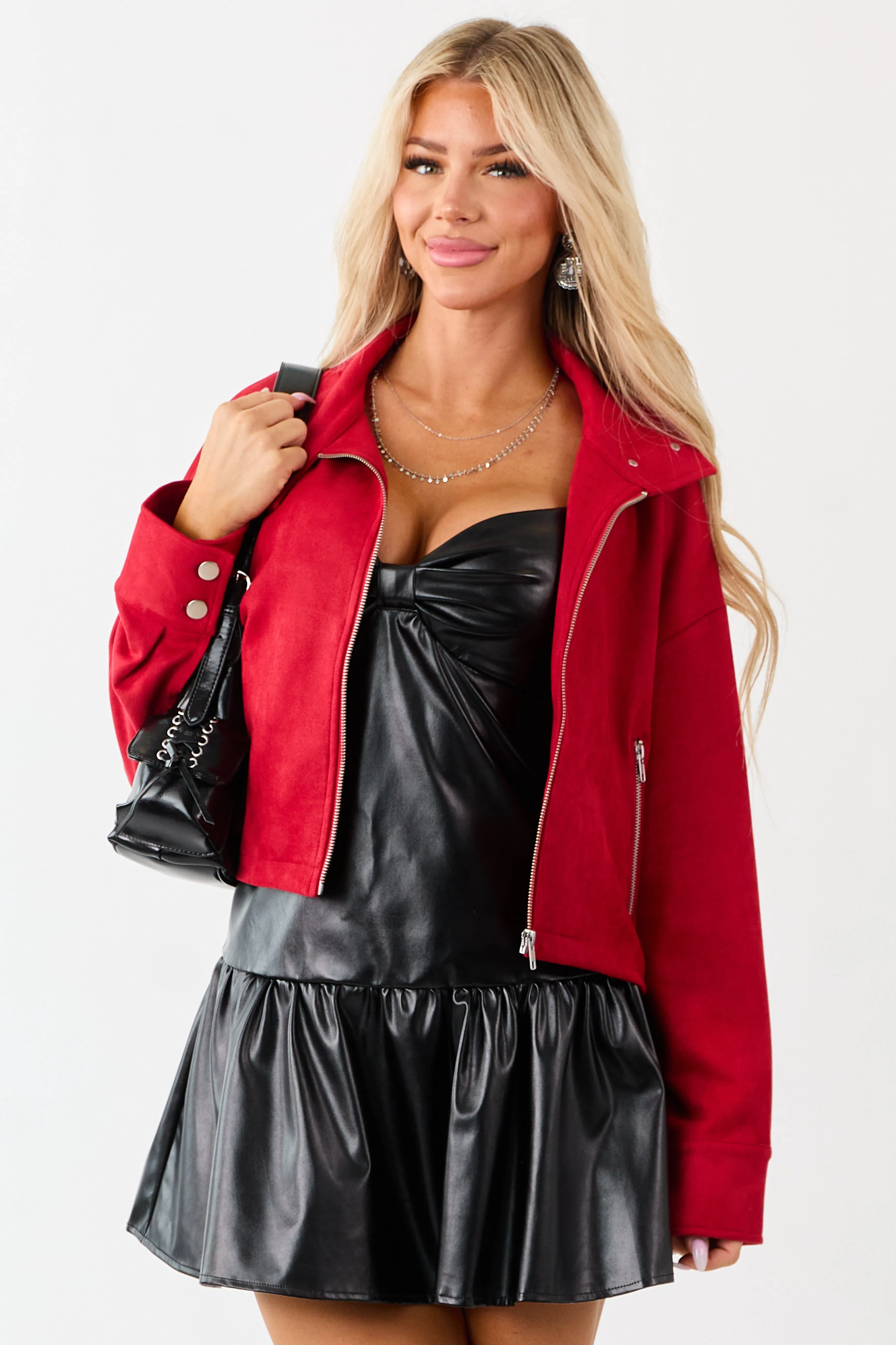 Crimson Faux Suede Long Sleeve Zip Up Jacket sold by Lime Lush