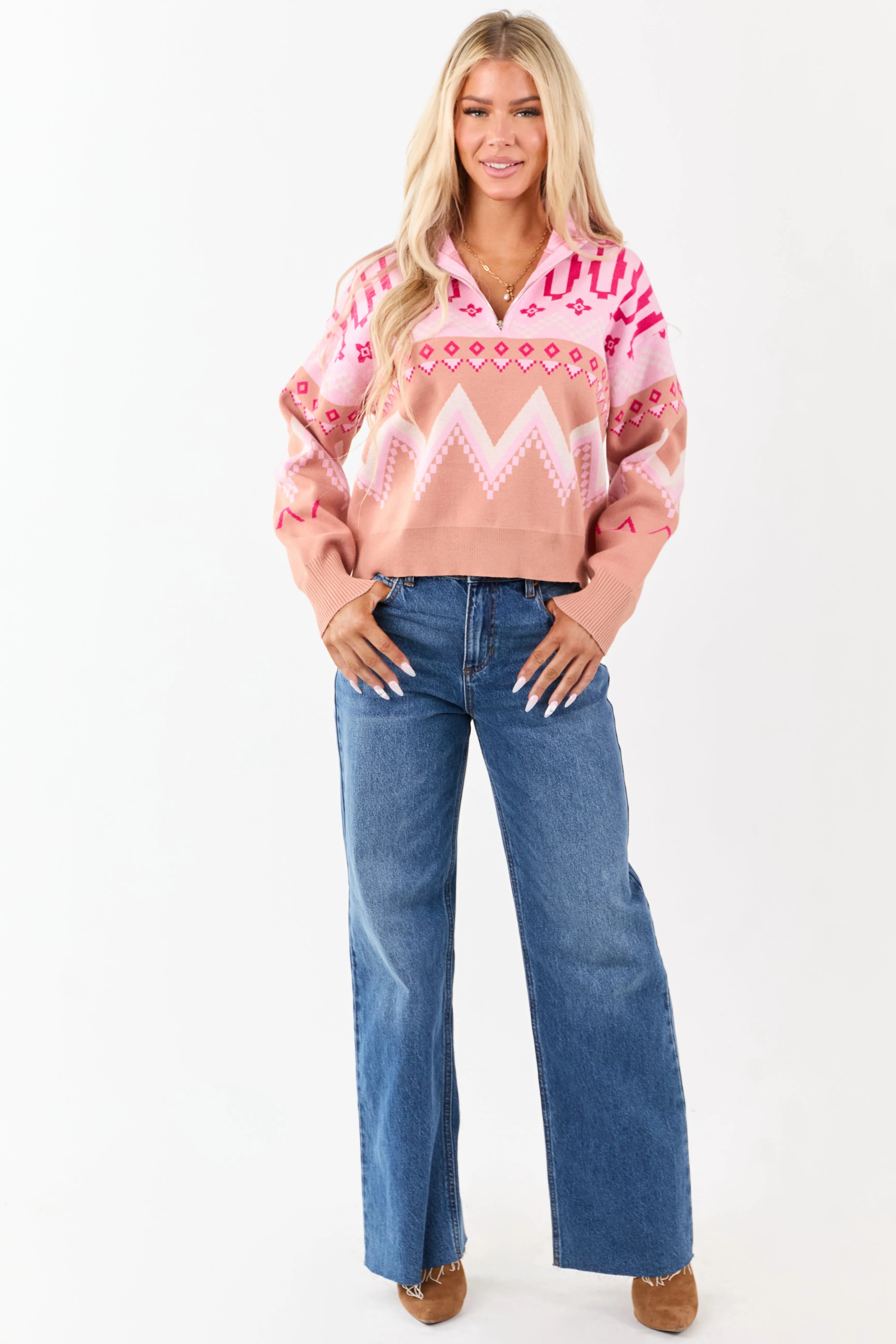 Carnation Geometric Half Zip Up Pullover Sweater sold by Lime Lush product image thumbnail 2