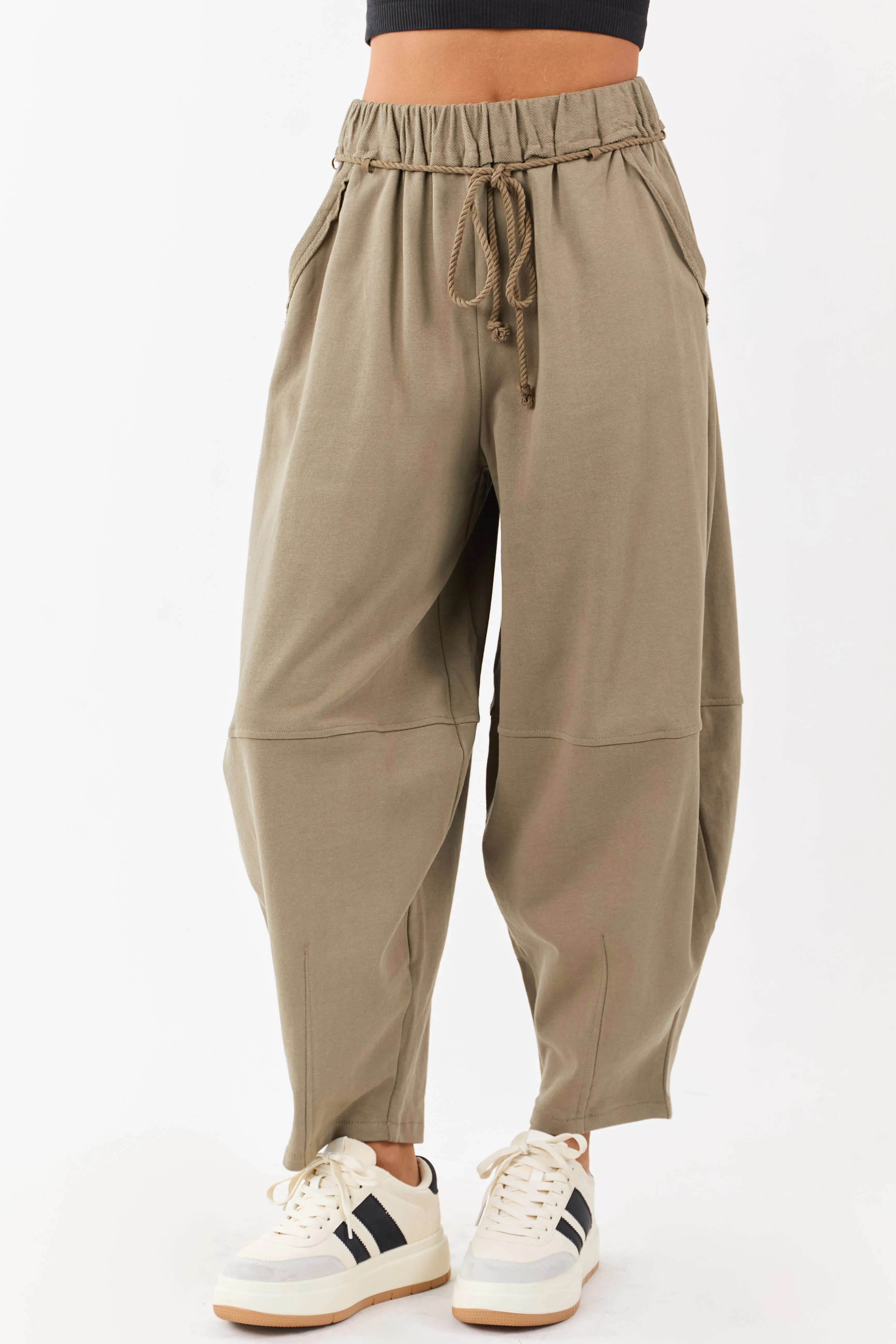 Olive Waist Tie Barrel Style Cotton Sweatpants sold by Lime Lush product image thumbnail 2