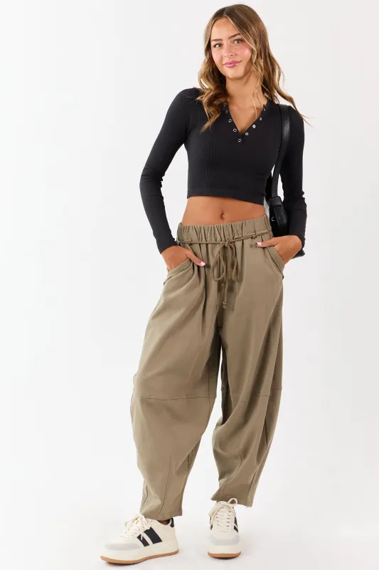 Olive Waist Tie Barrel Style Cotton Sweatpants sold by Lime Lush