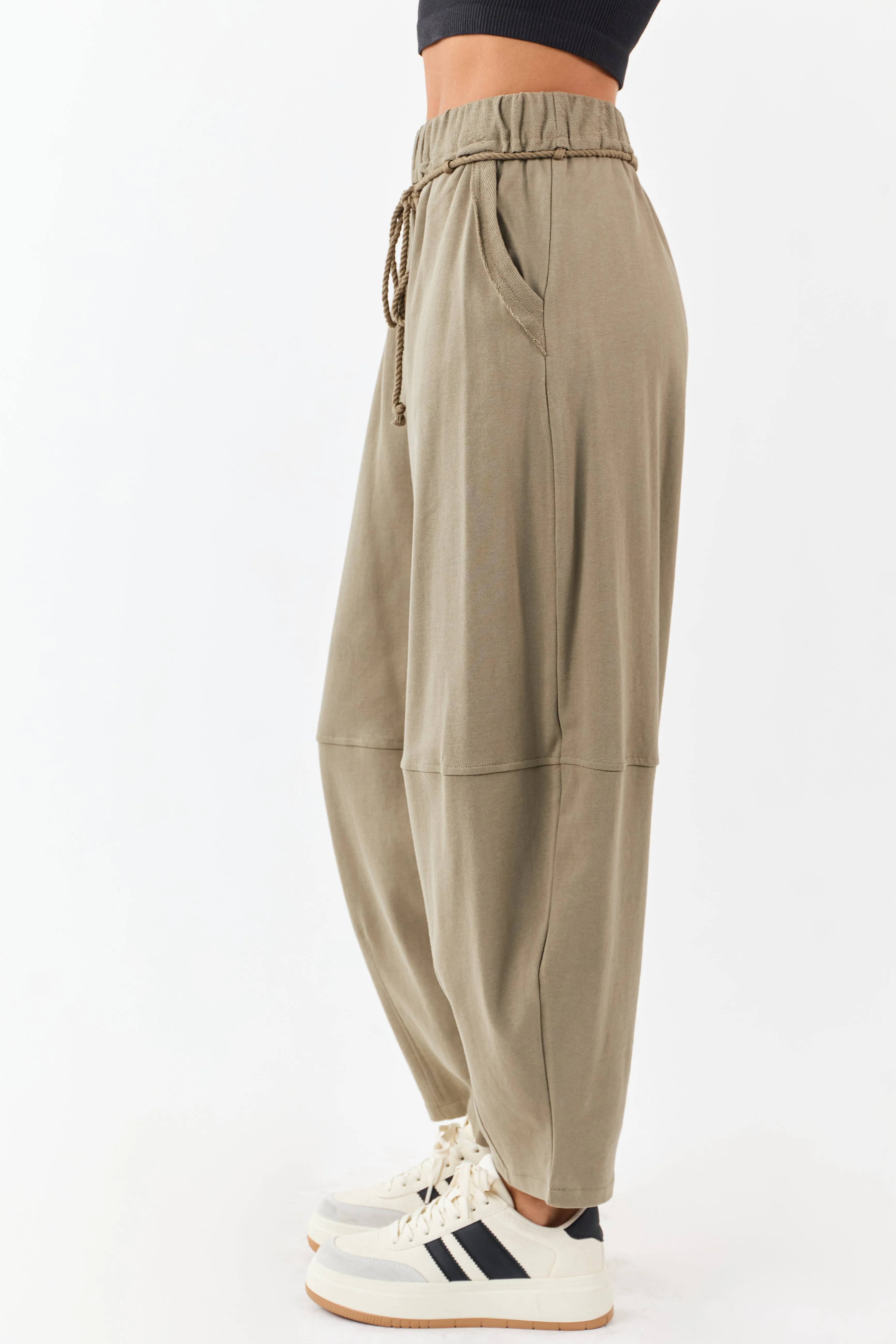 Olive Waist Tie Barrel Style Cotton Sweatpants sold by Lime Lush product image thumbnail 3