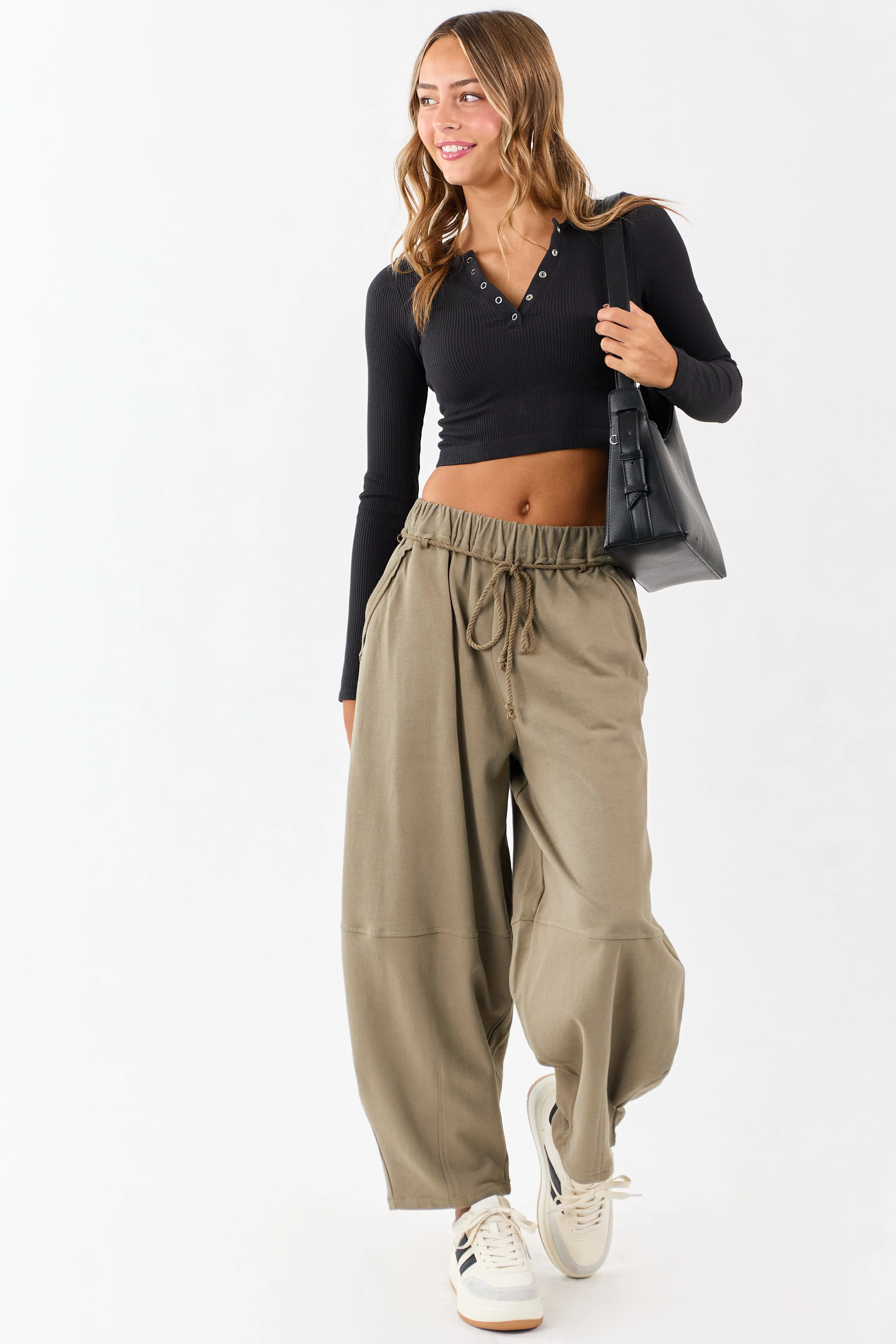 Olive Waist Tie Barrel Style Cotton Sweatpants sold by Lime Lush product image thumbnail 5