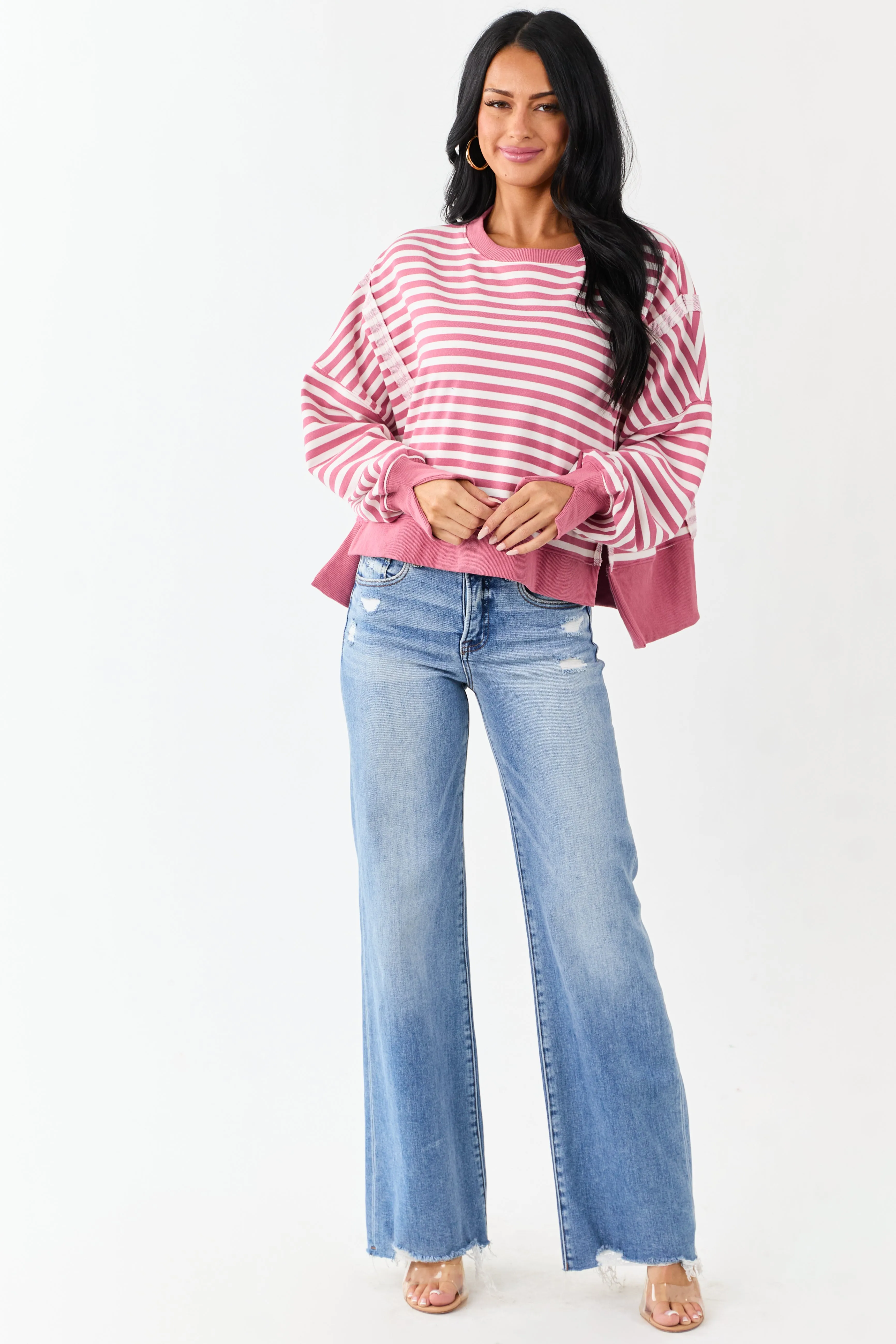 Hibiscus and Ivory Striped Relaxed Sweatshirt sold by Lime Lush product image thumbnail 2