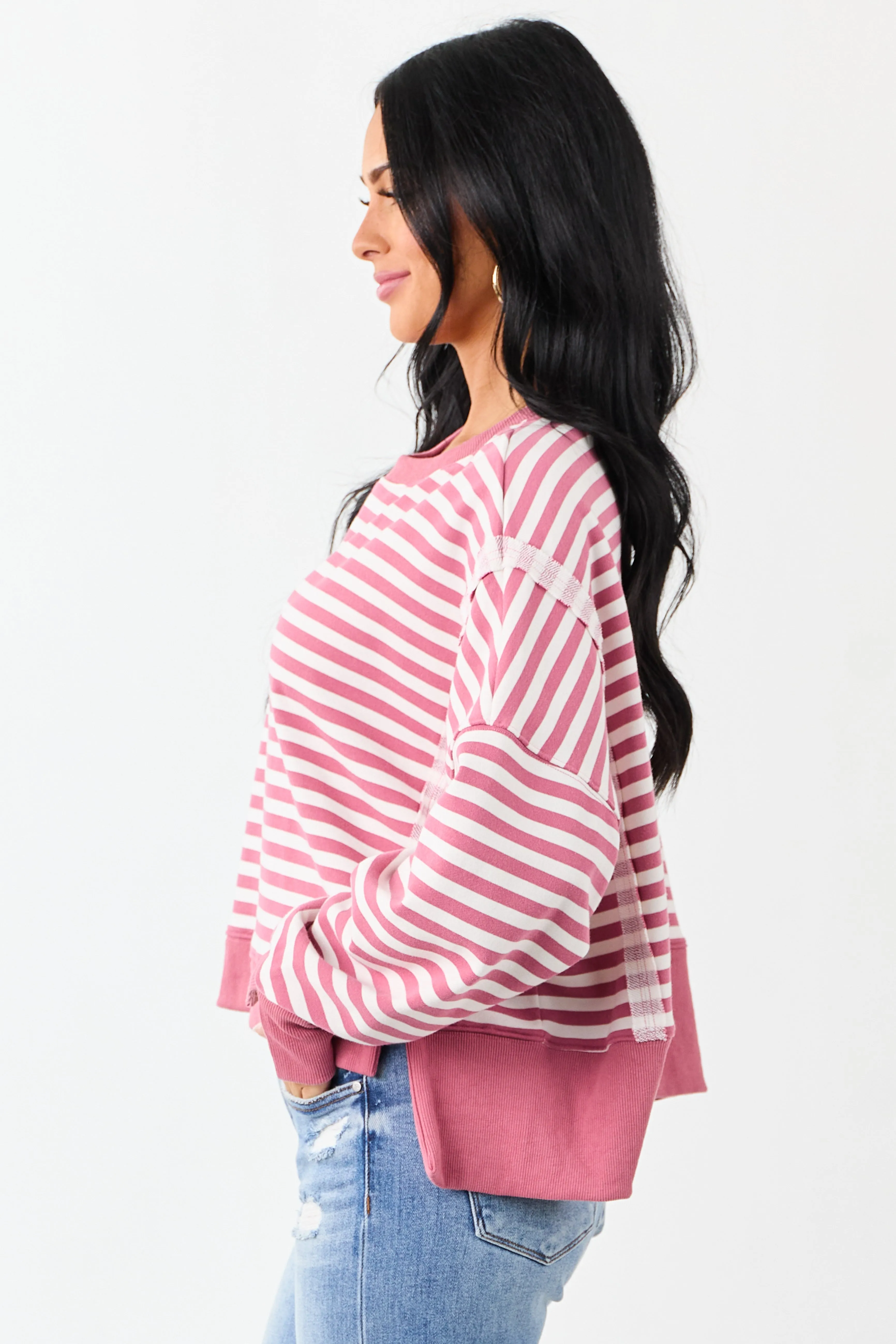 Hibiscus and Ivory Striped Relaxed Sweatshirt sold by Lime Lush product image thumbnail 3