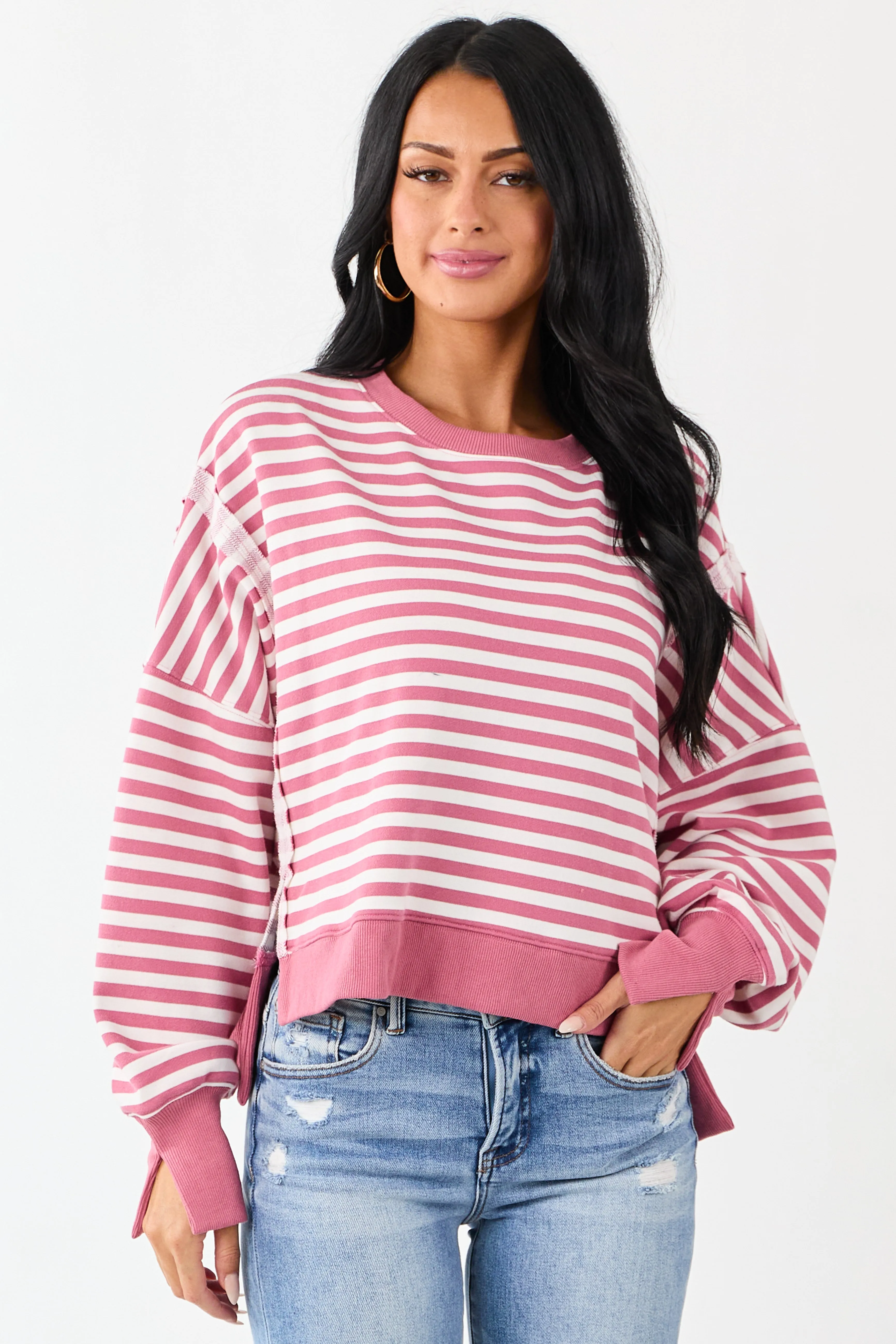 Hibiscus and Ivory Striped Relaxed Sweatshirt sold by Lime Lush
