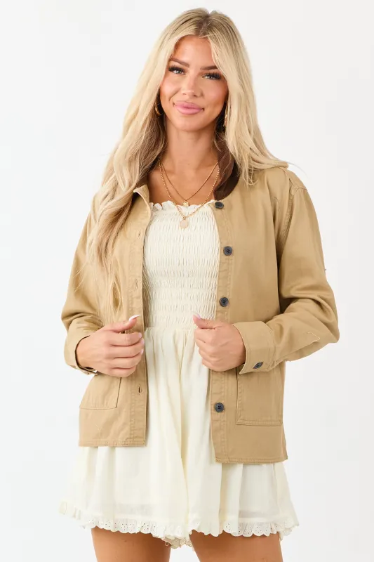 Camel Denim Contrast Corduroy Collar Button Up Jacket sold by Lime Lush