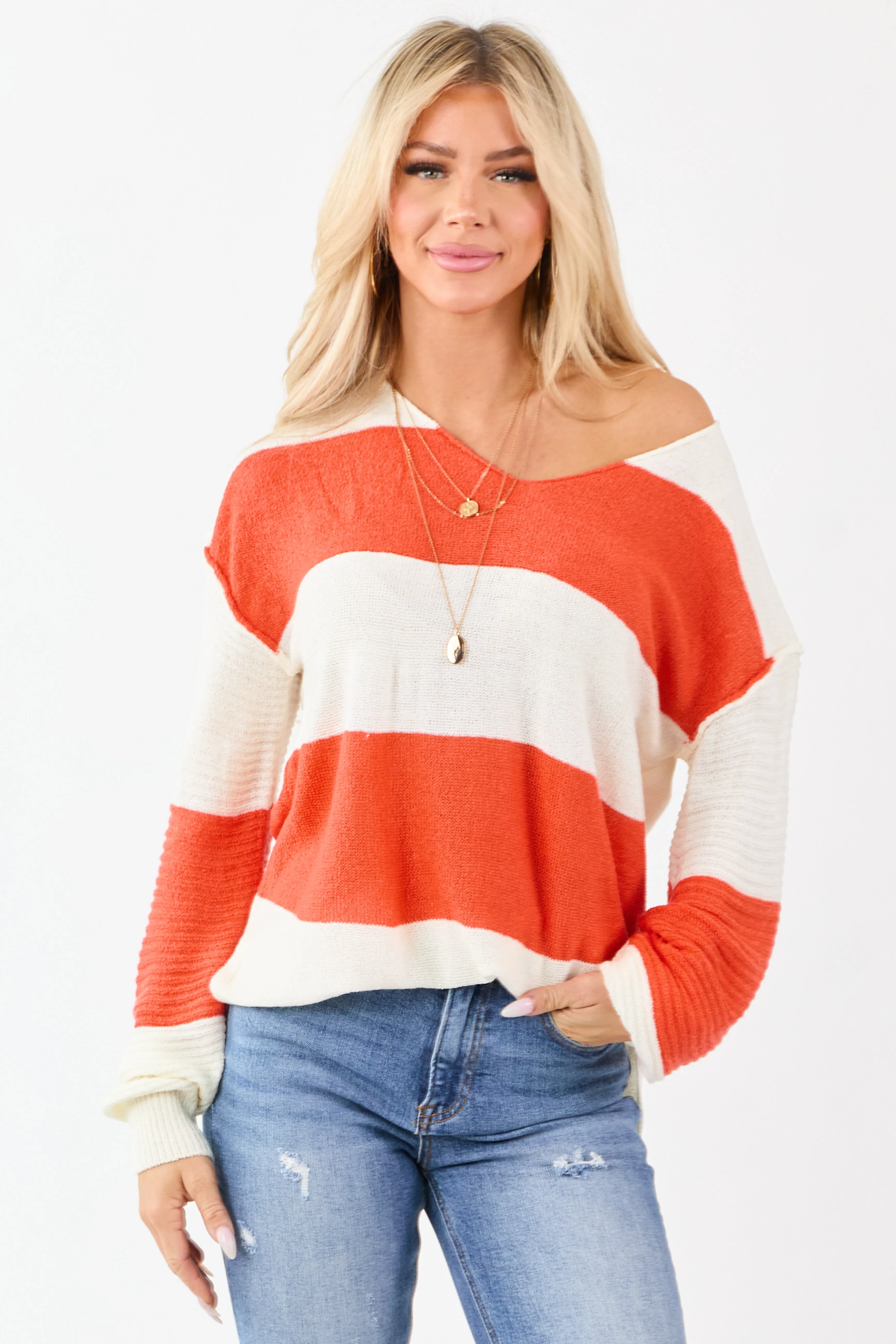 Fire and Cream Colorblock Striped V Neck Sweater sold by Lime Lush