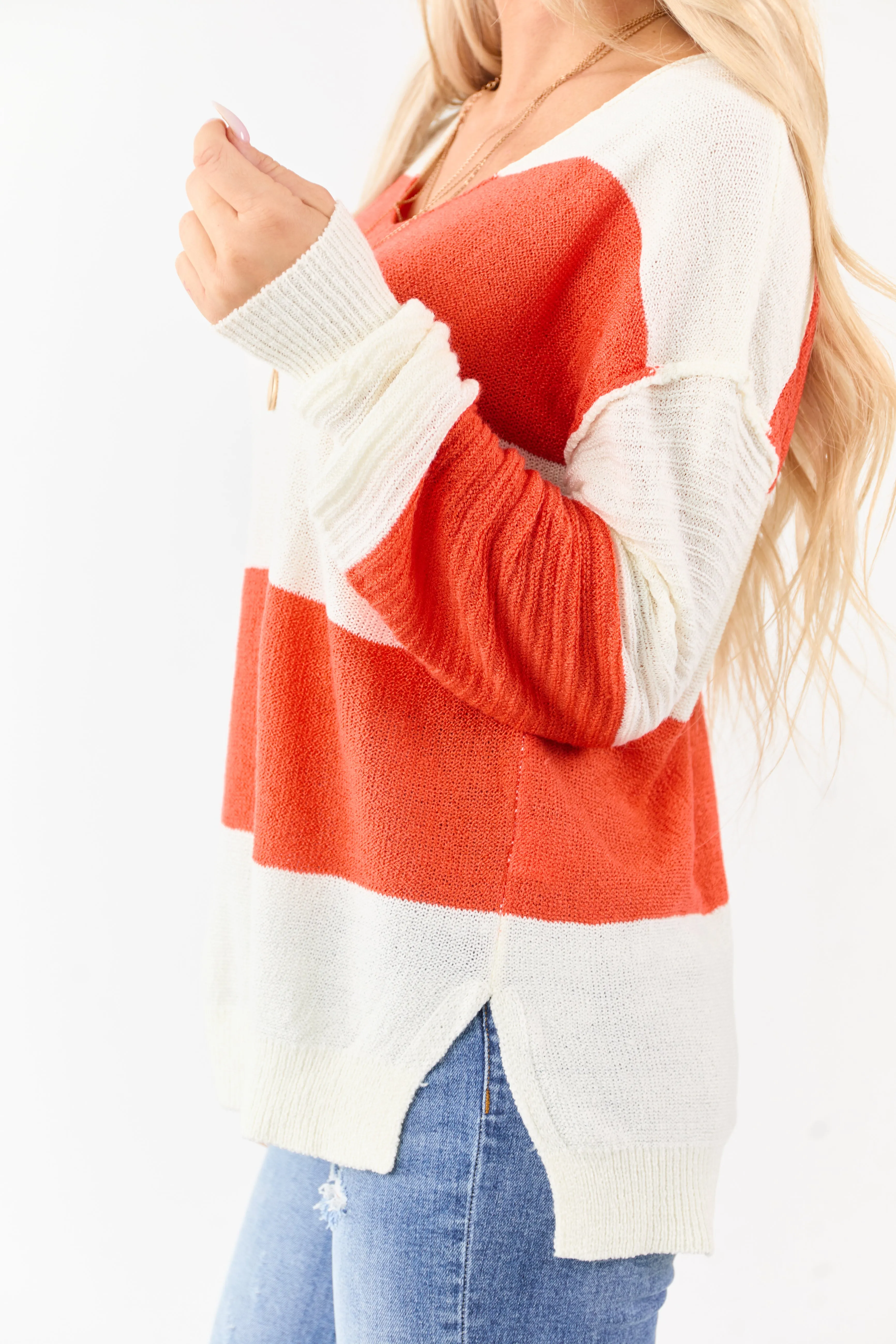 Fire and Cream Colorblock Striped V Neck Sweater sold by Lime Lush product image thumbnail 2