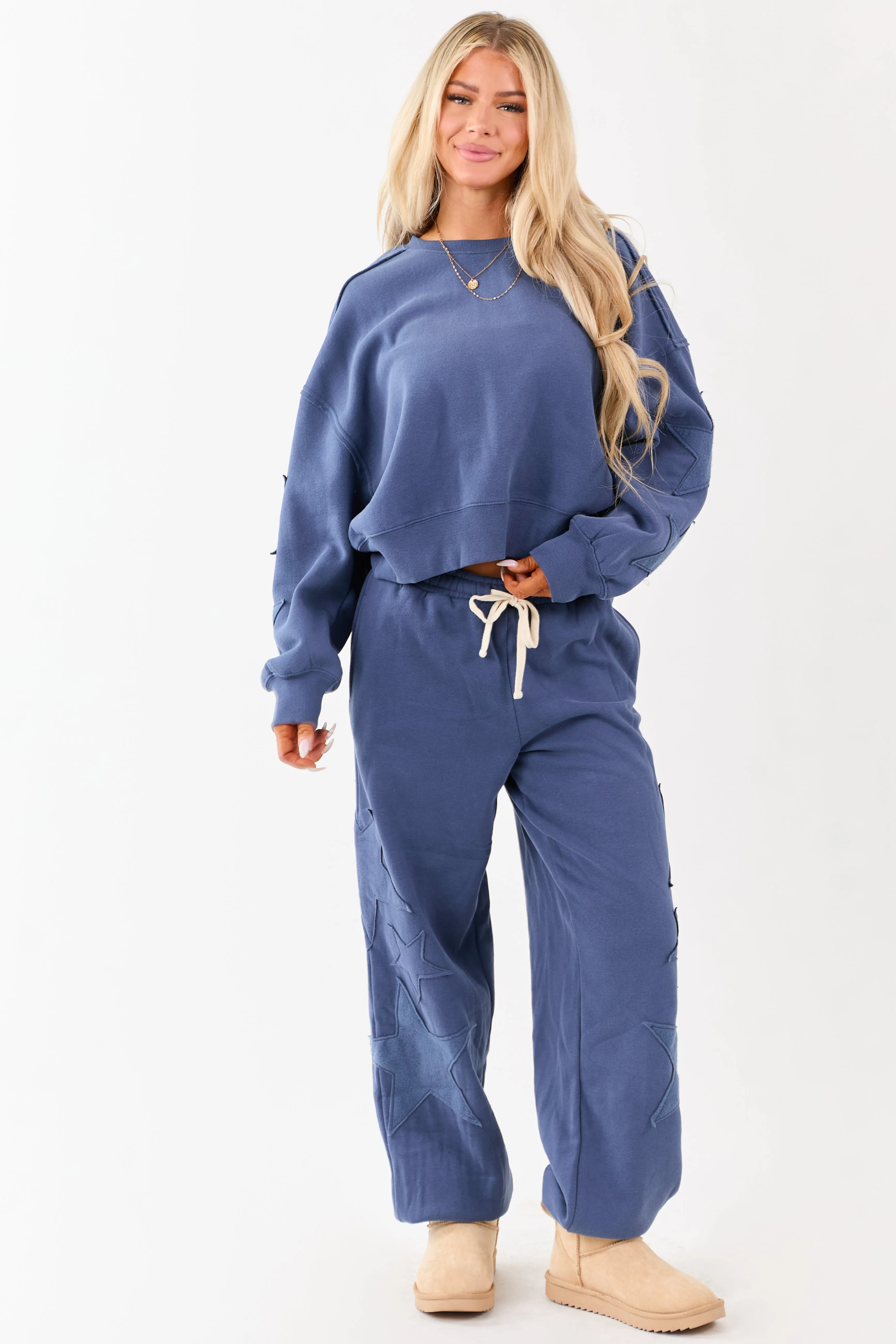 Dusty Blue Star Patch Drawstring Jogger Sweatpants sold by Lime Lush
