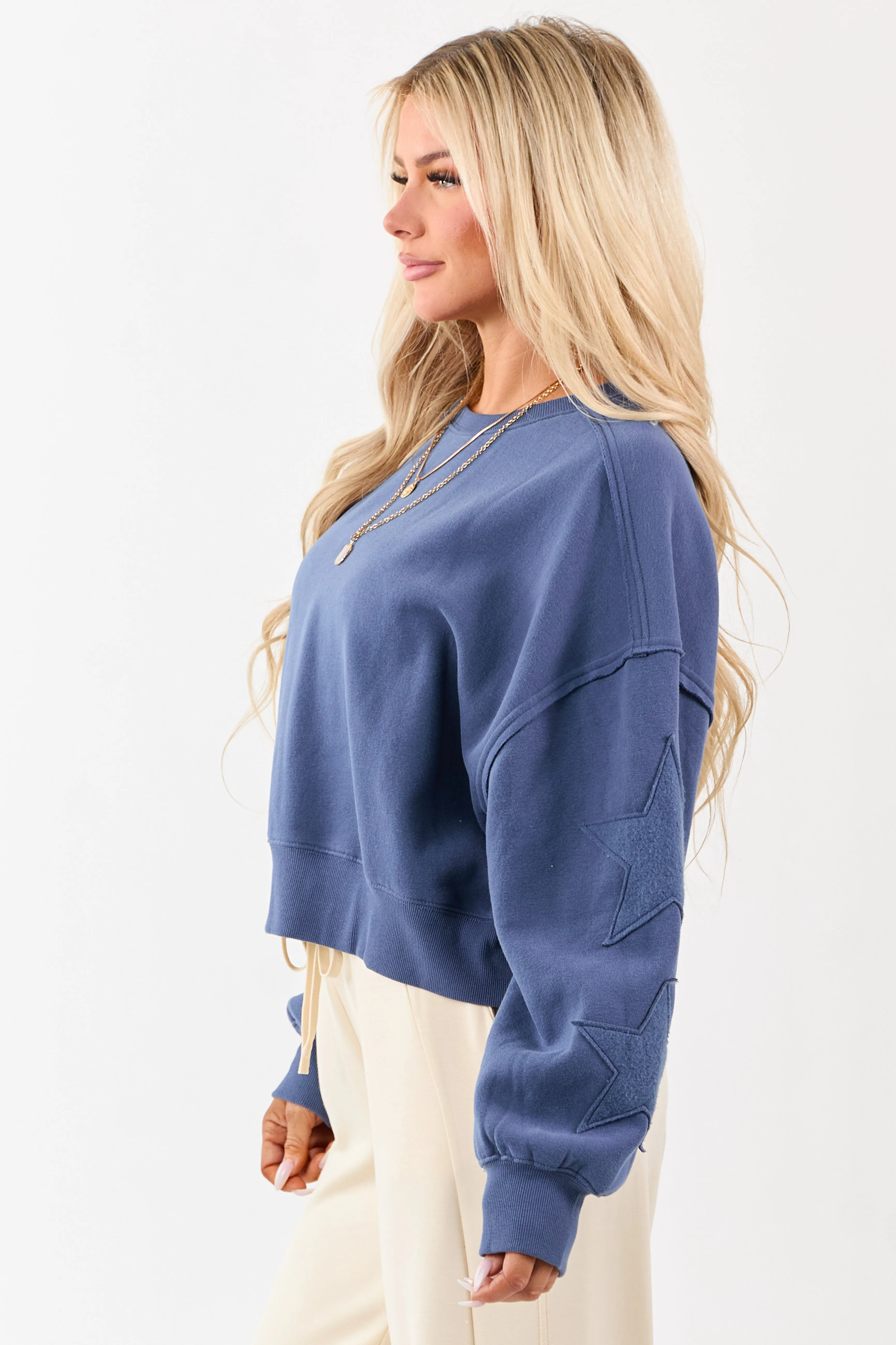 Sea Blue Star Patch Pullover Crew Neck Sweatshirt sold by Lime Lush product image thumbnail 5