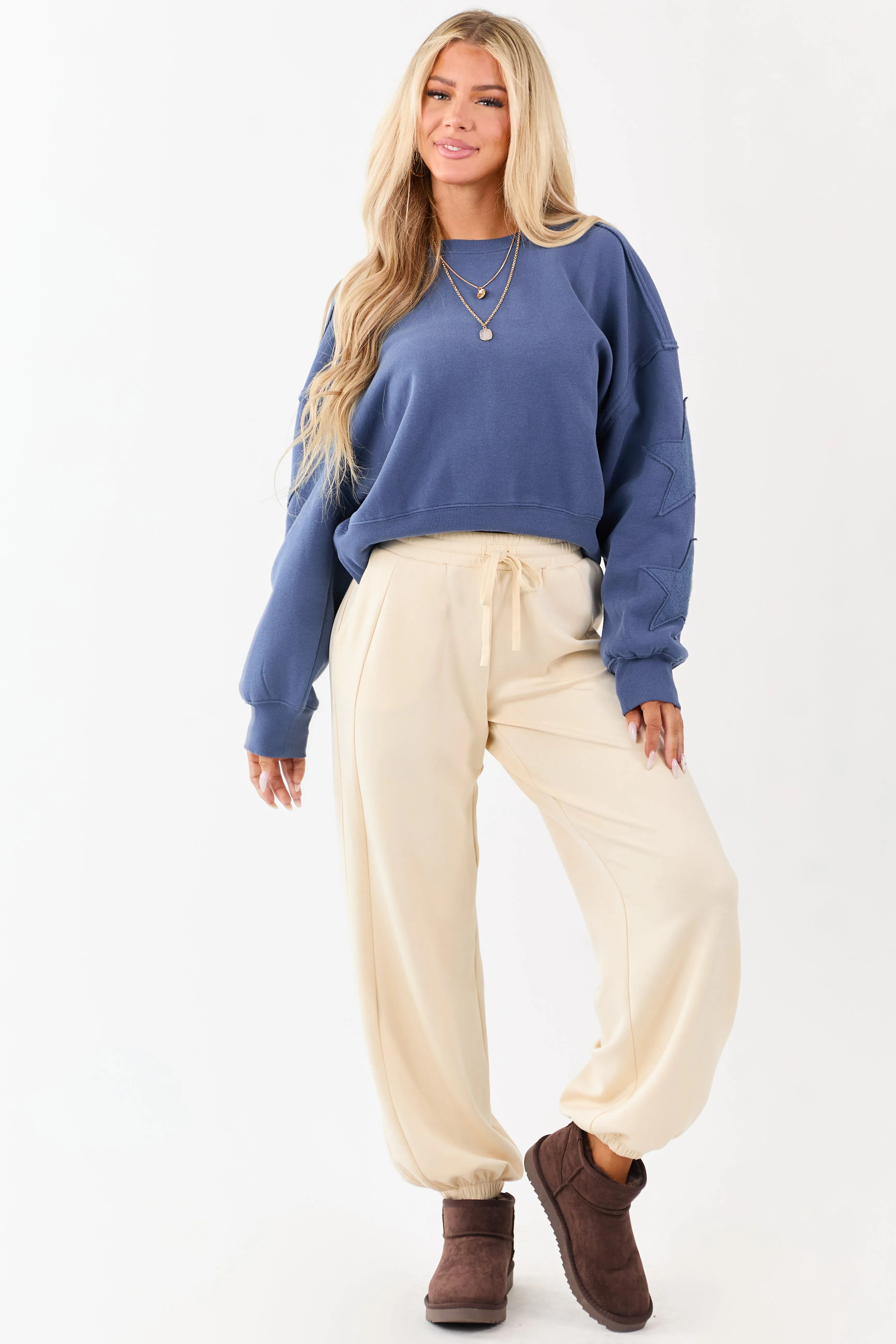 Sea Blue Star Patch Pullover Crew Neck Sweatshirt sold by Lime Lush product image thumbnail 2