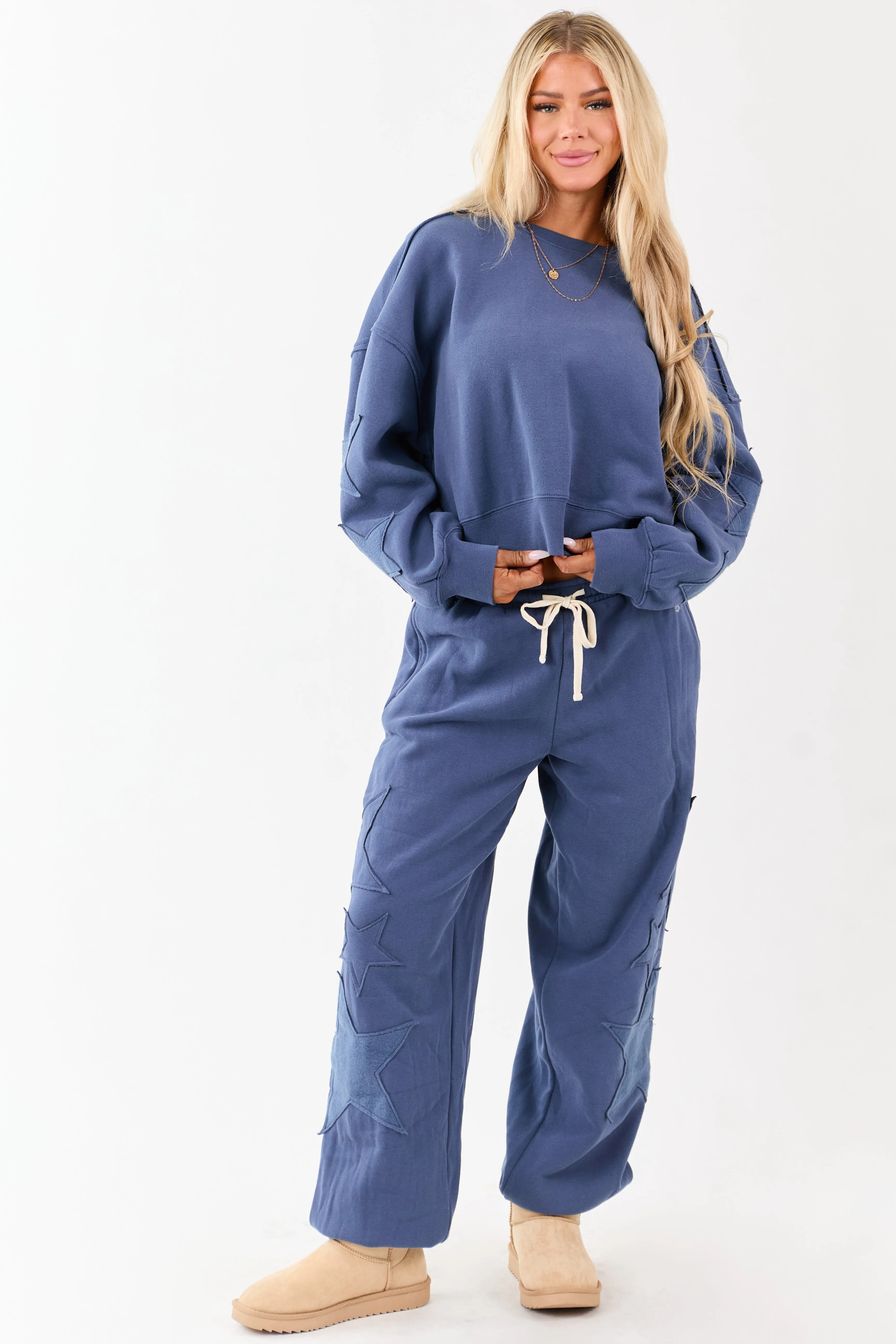 Sea Blue Star Patch Pullover Crew Neck Sweatshirt sold by Lime Lush product image thumbnail 3