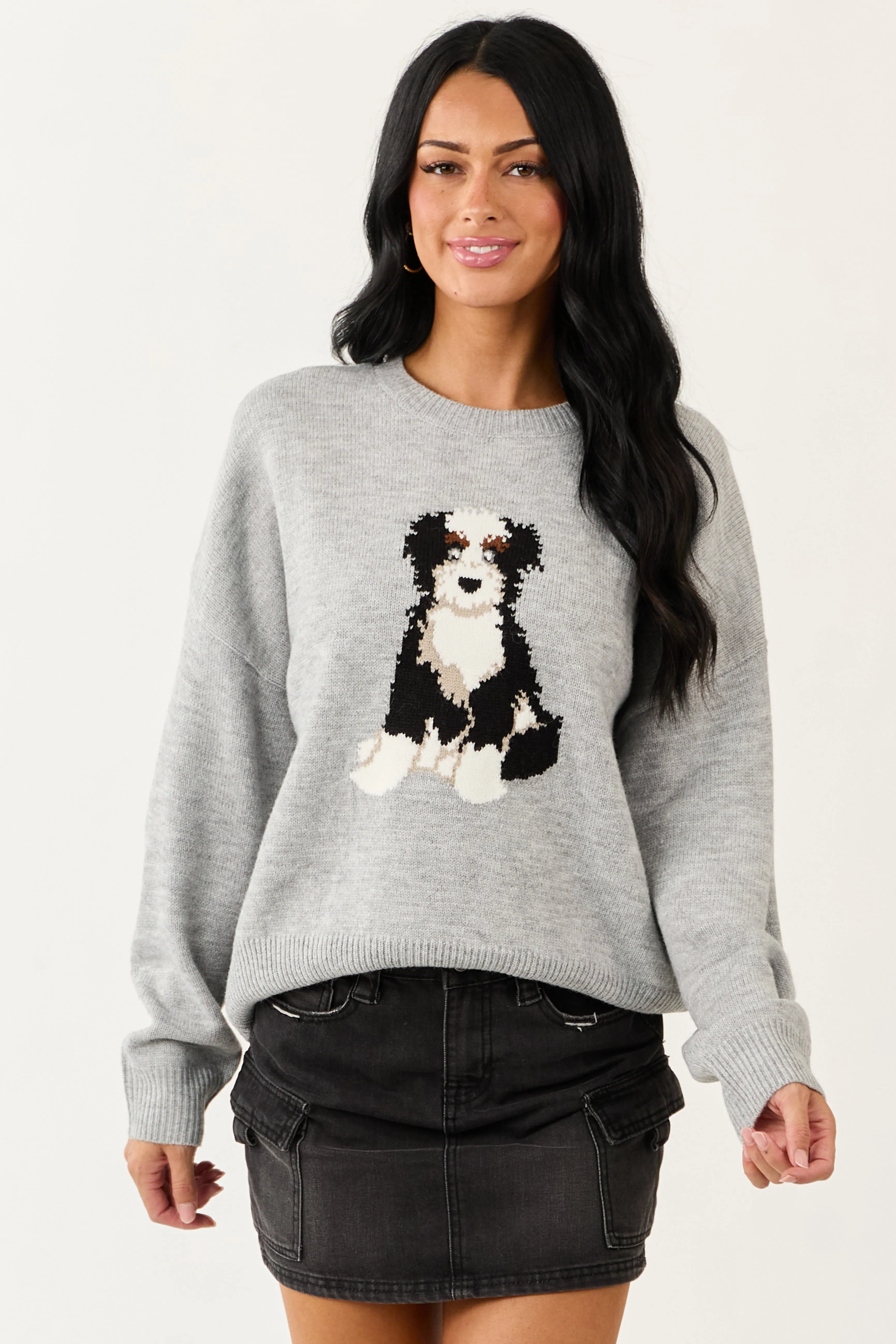 Dove Grey Puppy Graphic Soft Knit Sweater sold by Lime Lush
