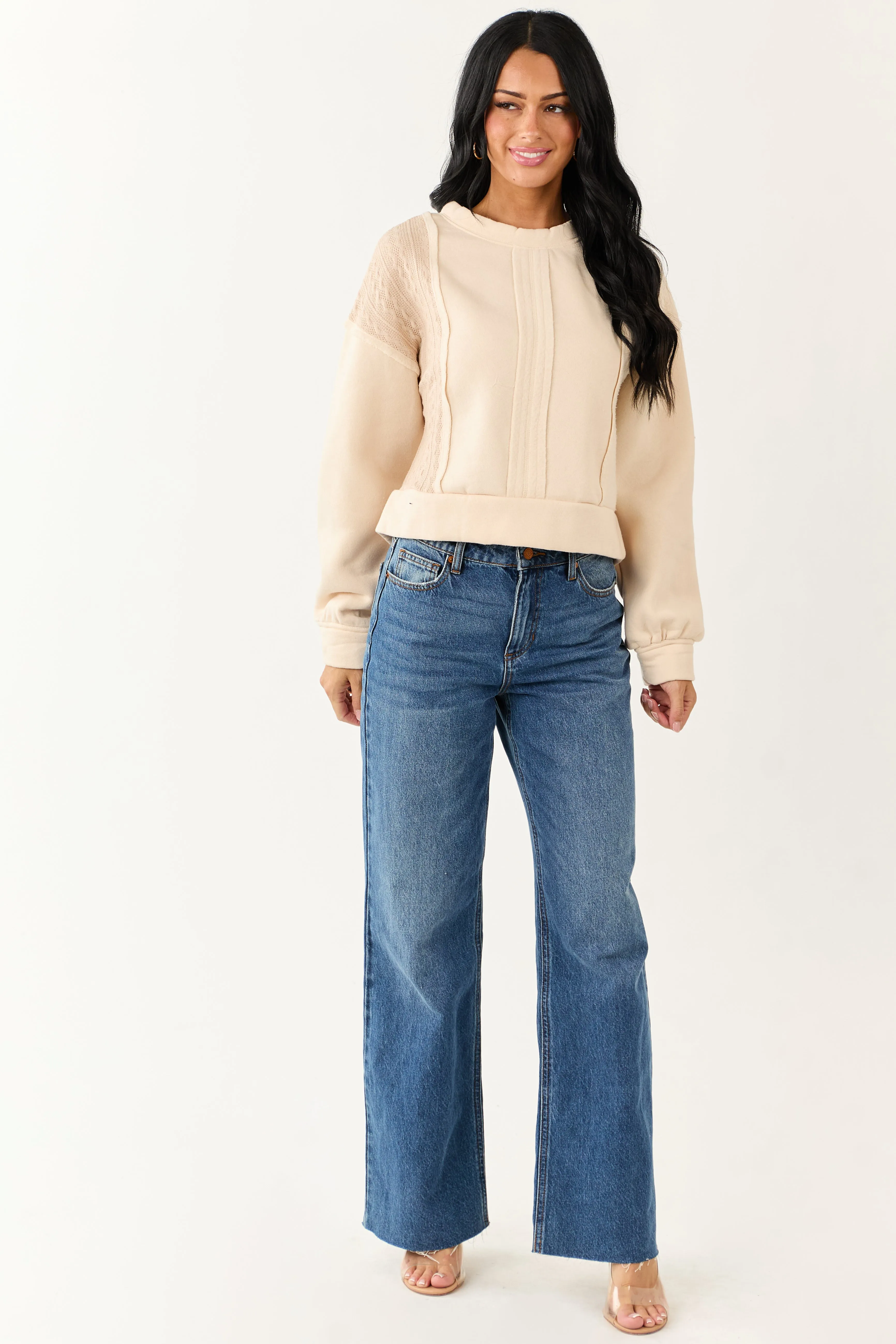 Cream Cable Knit Contrast Relaxed Pullover Sweatshirt sold by Lime Lush product image thumbnail 2