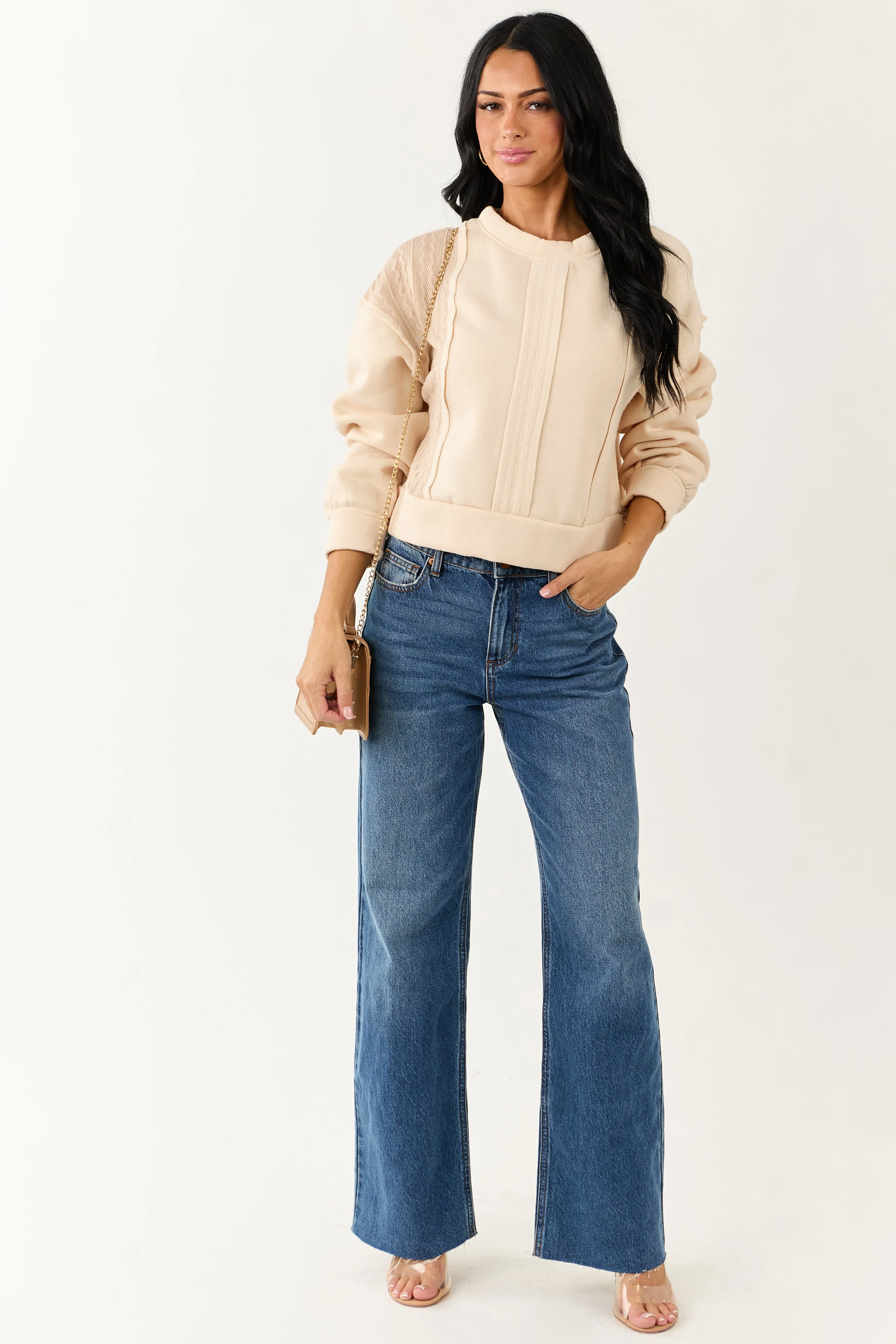 Cream Cable Knit Contrast Relaxed Pullover Sweatshirt sold by Lime Lush product image thumbnail 3