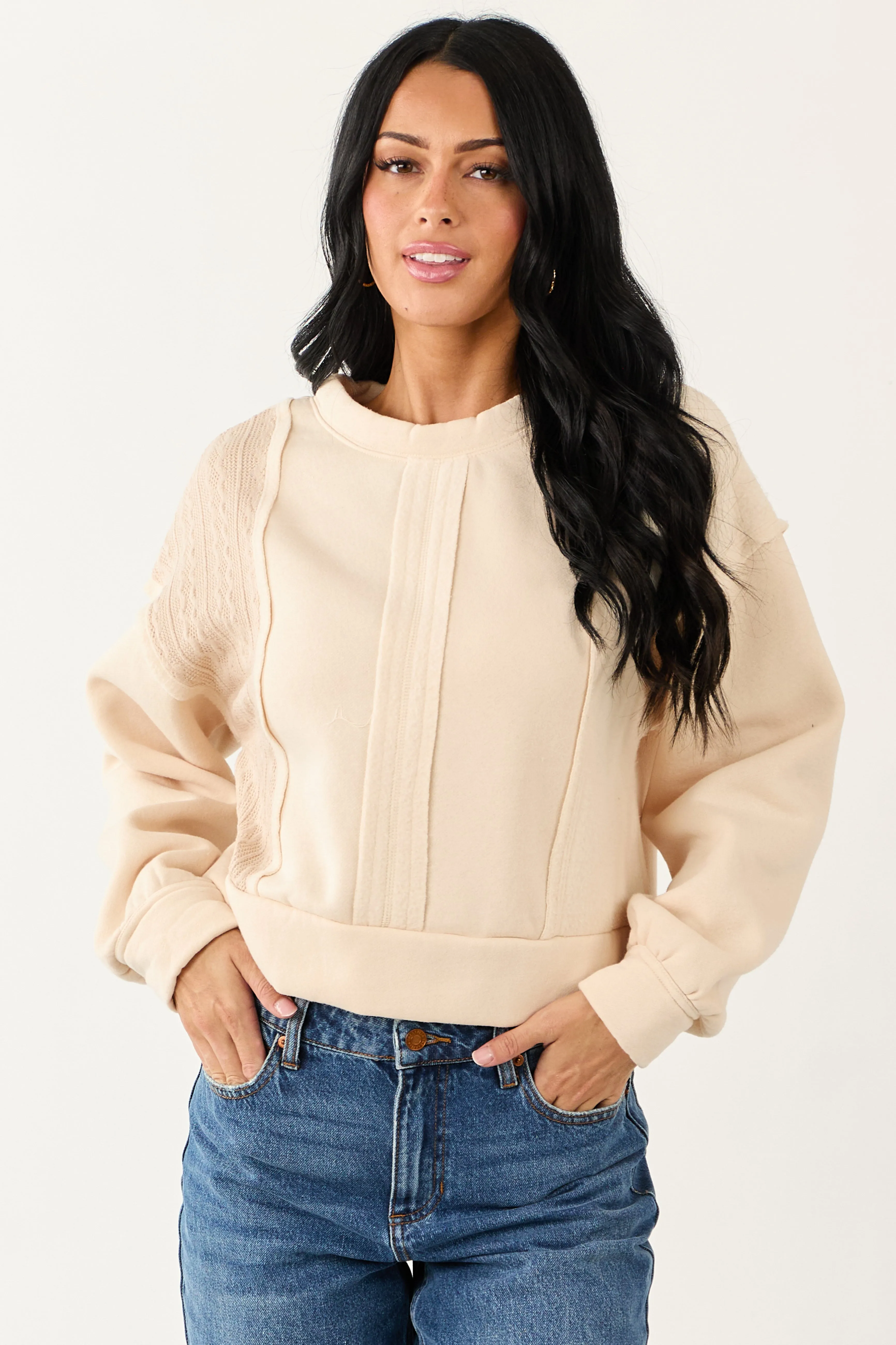 Cream Cable Knit Contrast Relaxed Pullover Sweatshirt sold by Lime Lush