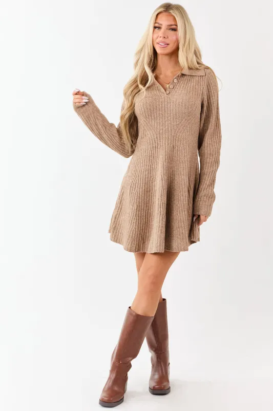 Taupe Ribbed Knit Wool Blend Short Sweater Dress sold by Lime Lush