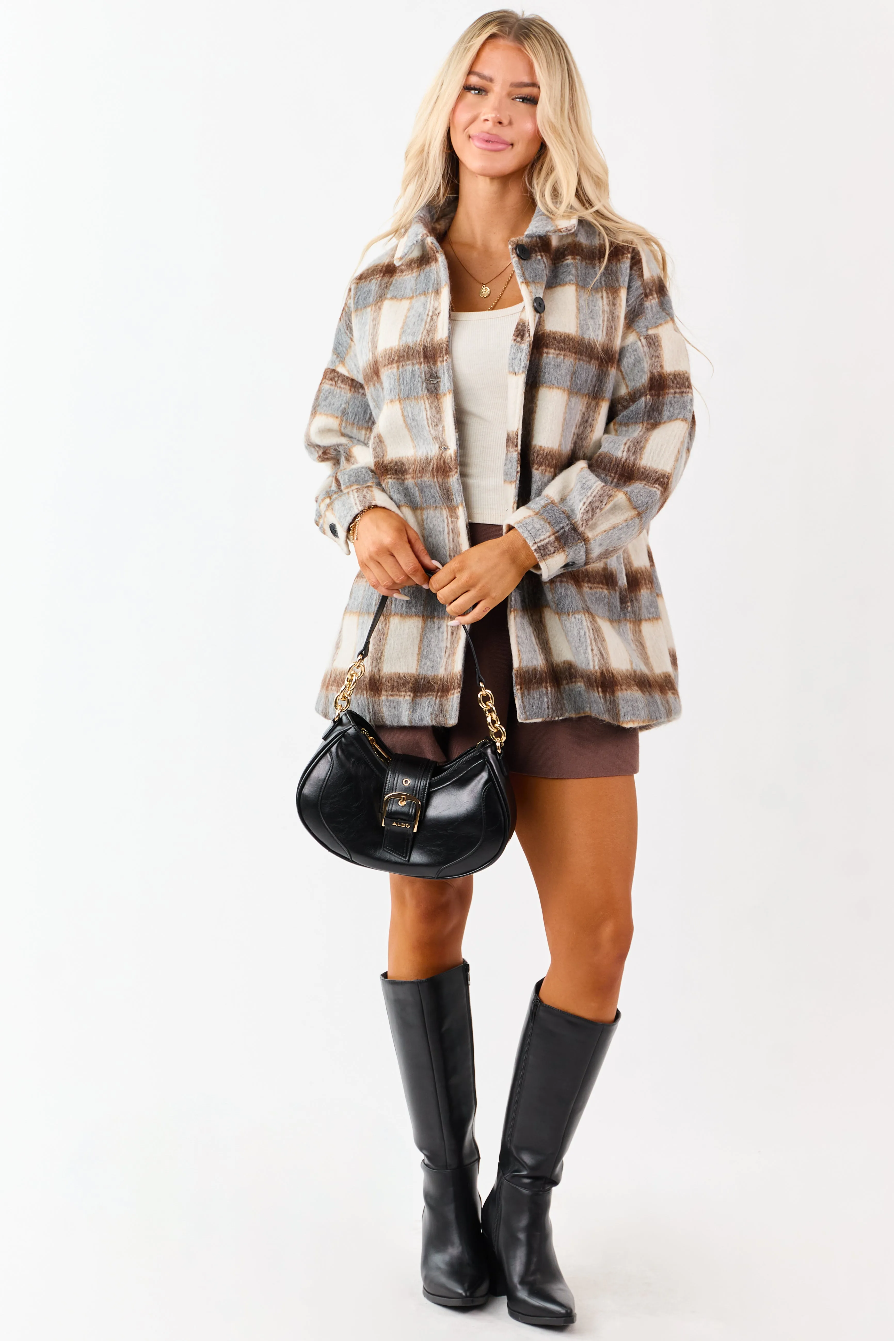 Coffee Plaid Collared Button Down Textured Shacket sold by Lime Lush product image thumbnail 3