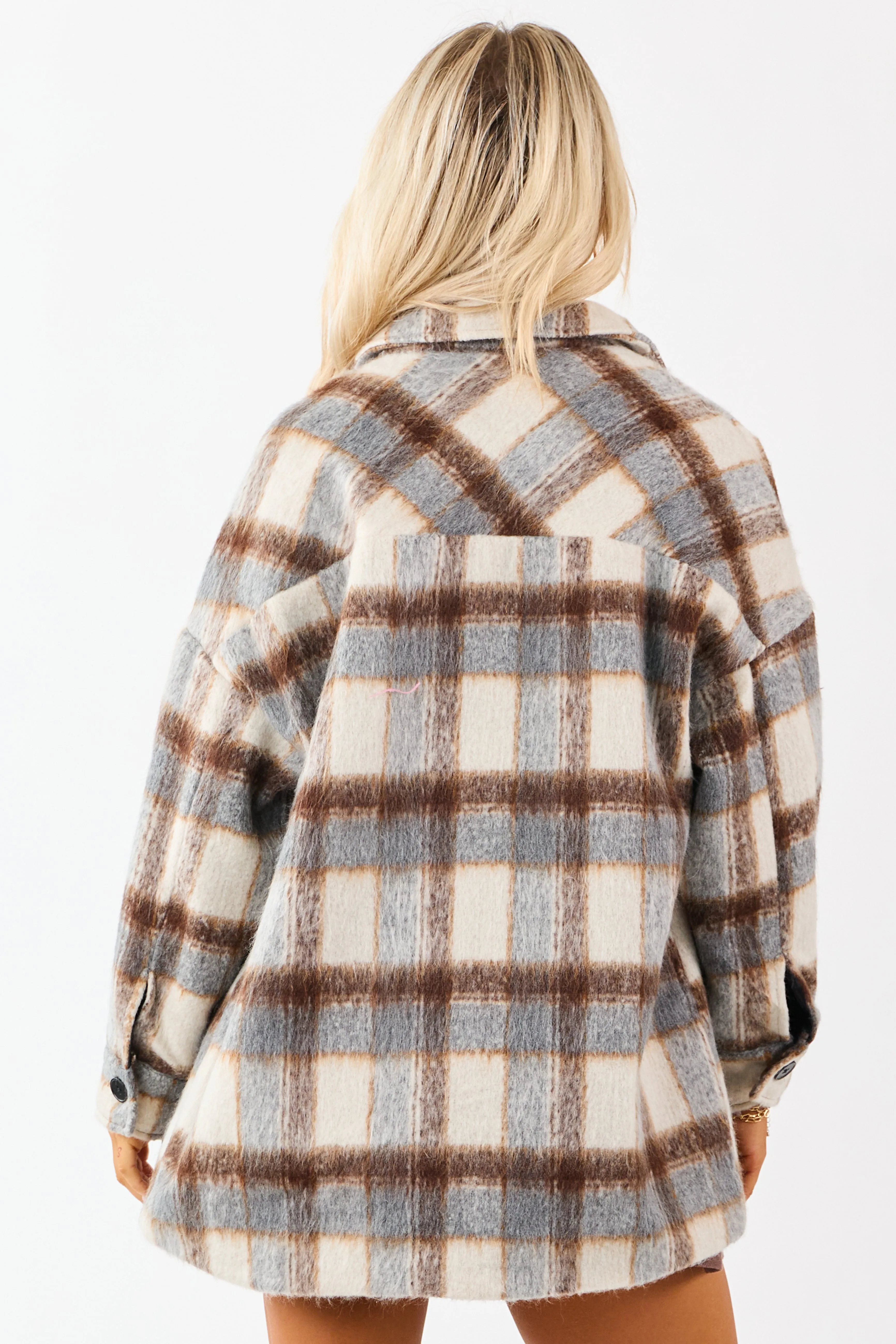 Coffee Plaid Collared Button Down Textured Shacket sold by Lime Lush product image thumbnail 5