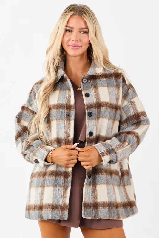 Coffee Plaid Collared Button Down Textured Shacket sold by Lime Lush