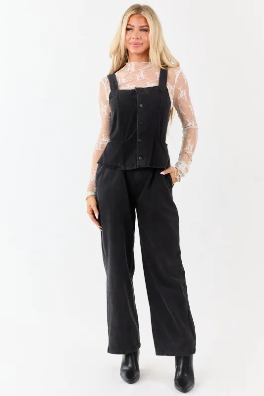 Black Denim Buttoned Vest Style Open Back Jumpsuit sold by Lime Lush