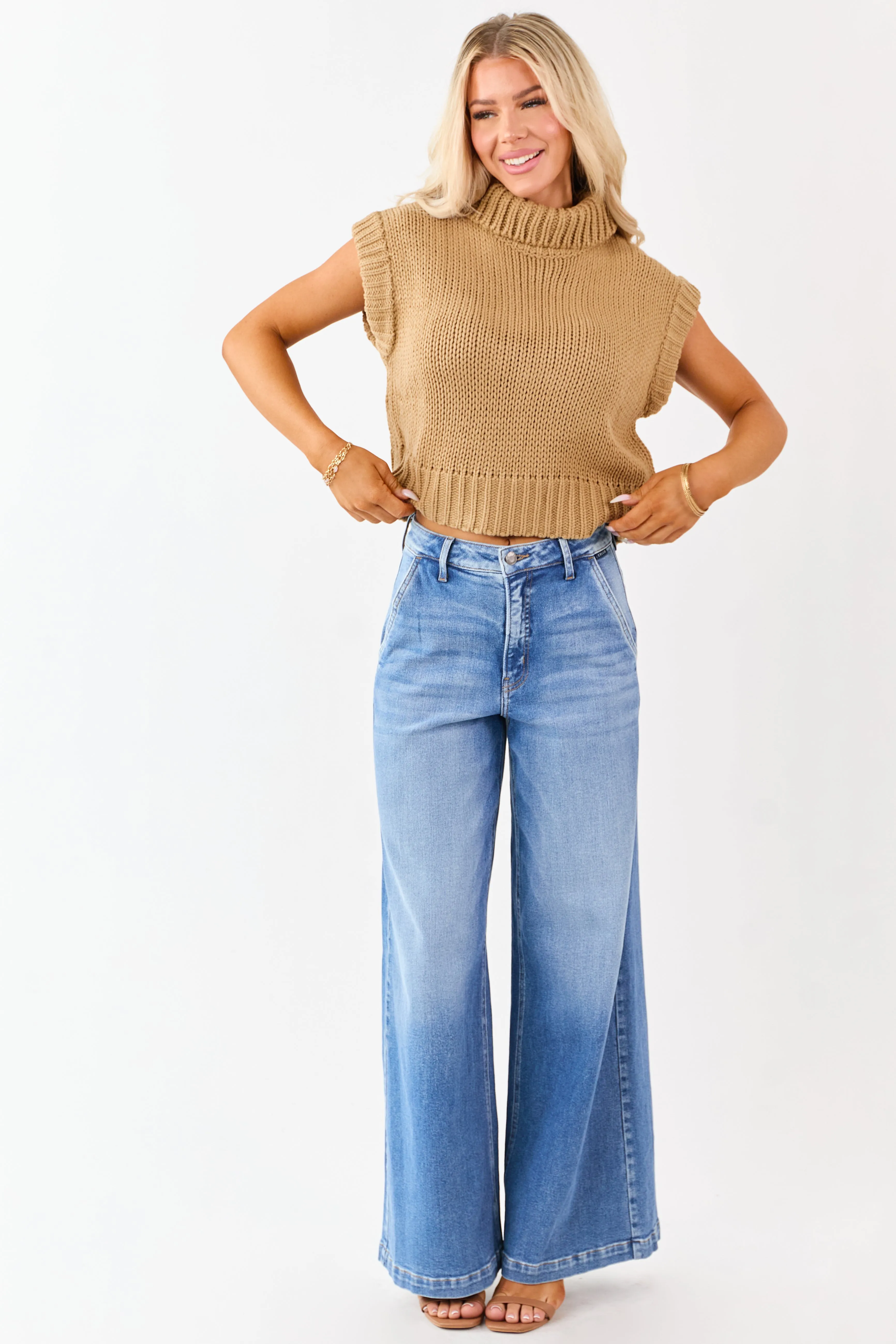 Camel Knit Turtleneck Cap Sleeve Sweater Top sold by Lime Lush product image thumbnail 2