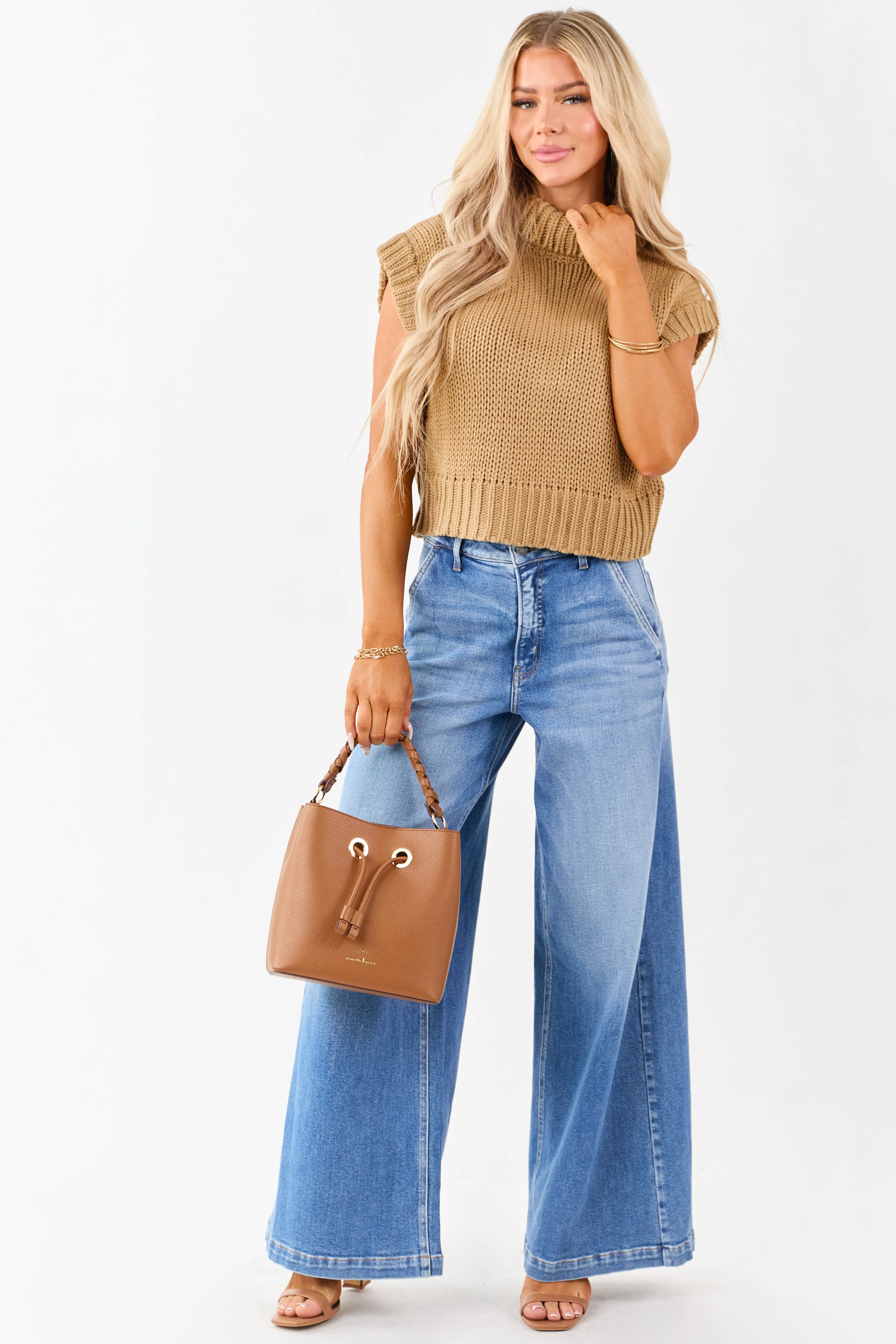 Camel Knit Turtleneck Cap Sleeve Sweater Top sold by Lime Lush product image thumbnail 3