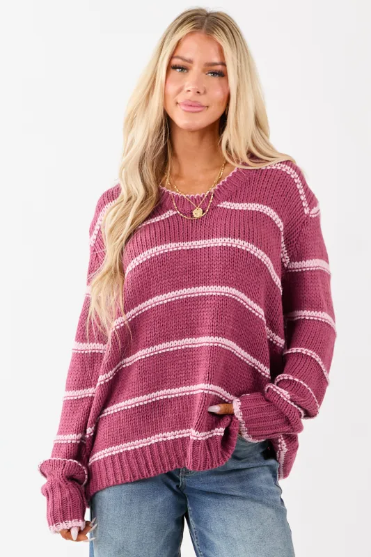 Berry Striped V-Neck Knit Pullover Sweater sold by Lime Lush