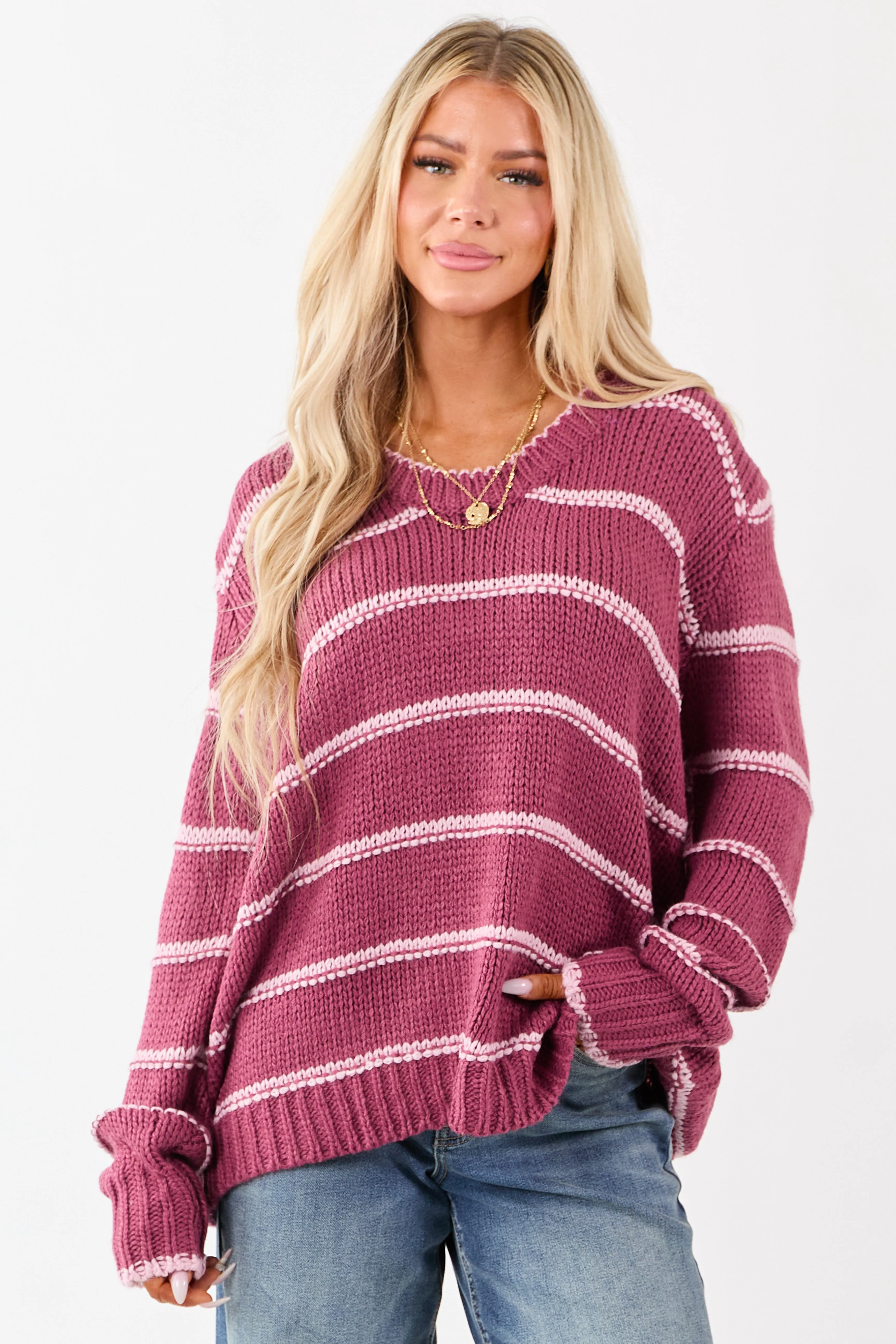 Berry Striped V-Neck Knit Pullover Sweater sold by Lime Lush