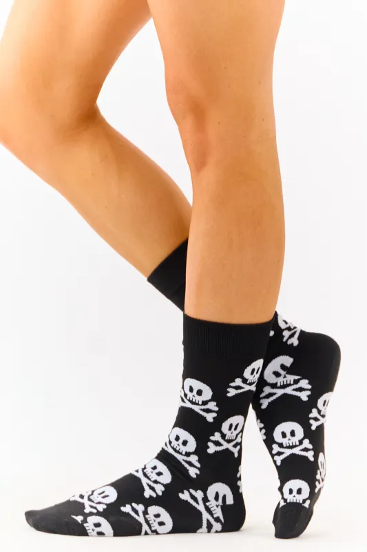 Black Skull and Crossbones Print Crew Socks sold by Lime Lush