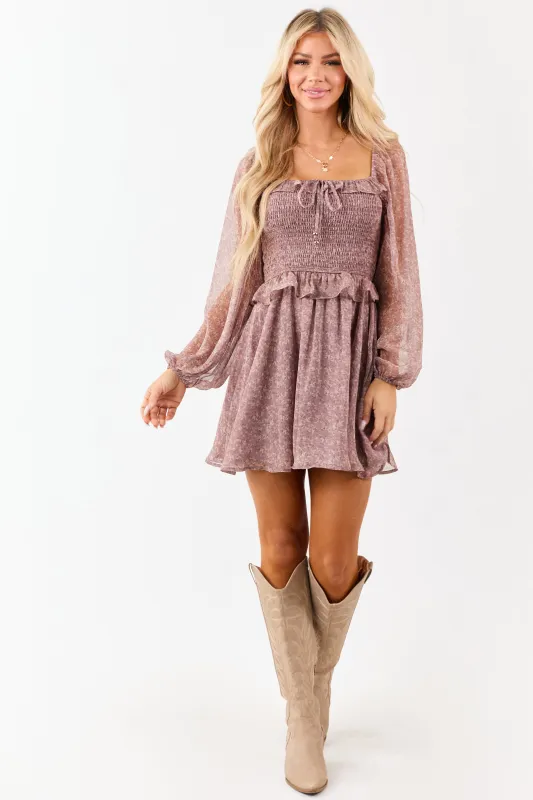Mauve Floral Print Smocked Bodice Flowy Mini Dress sold by Lime Lush