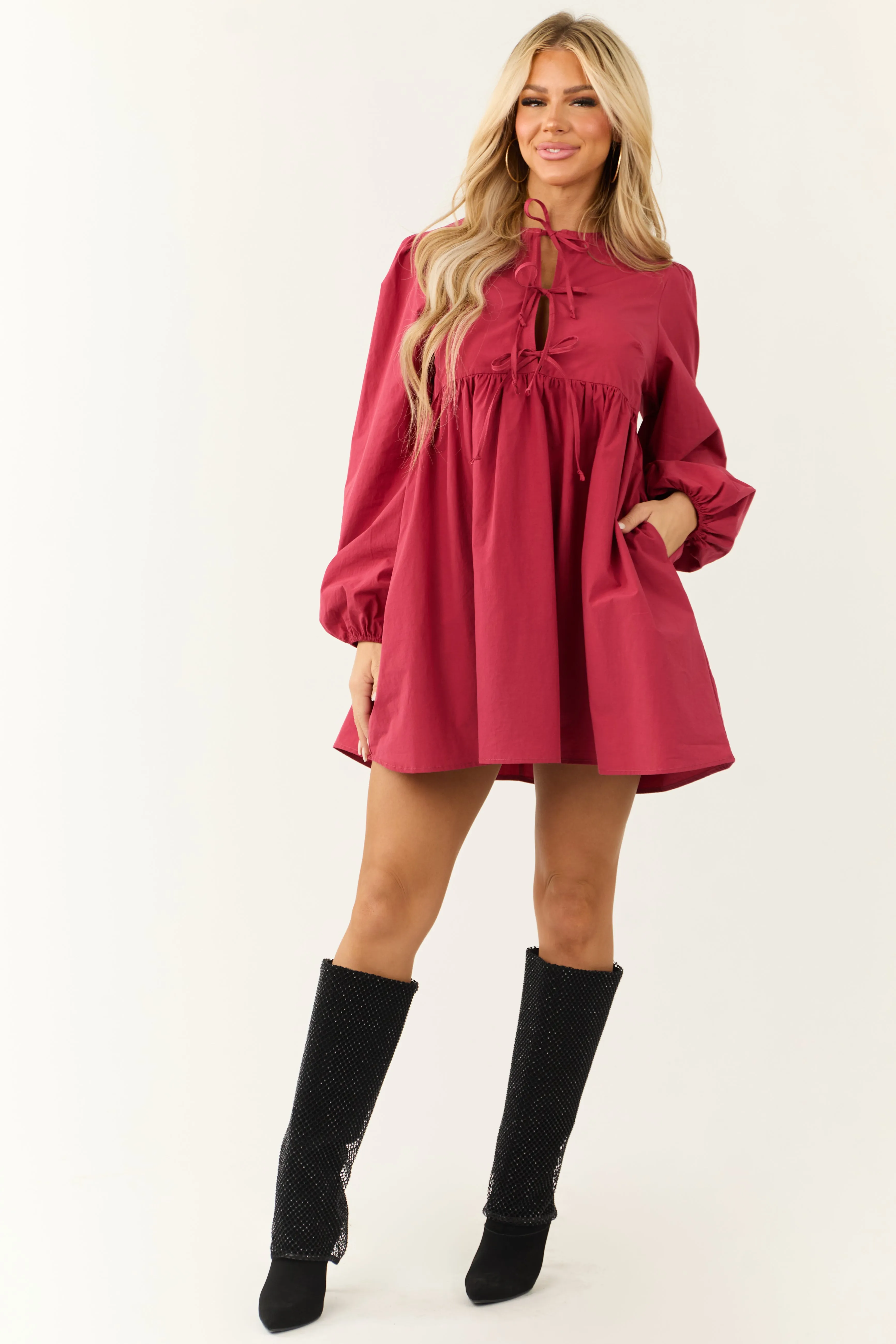 Maroon Poplin Long Sleeve Short Dress sold by Lime Lush