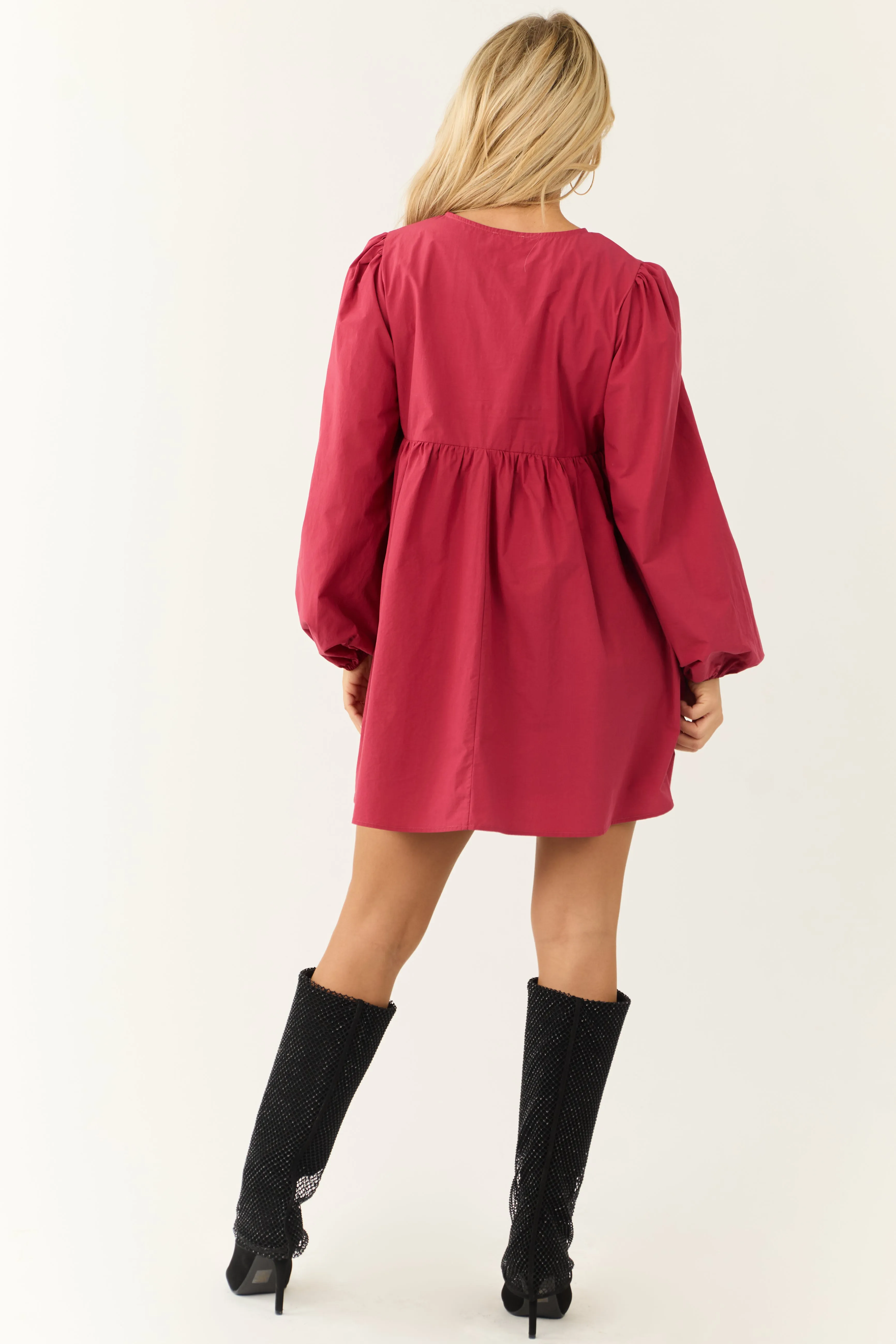 Maroon Poplin Long Sleeve Short Dress sold by Lime Lush product image thumbnail 5