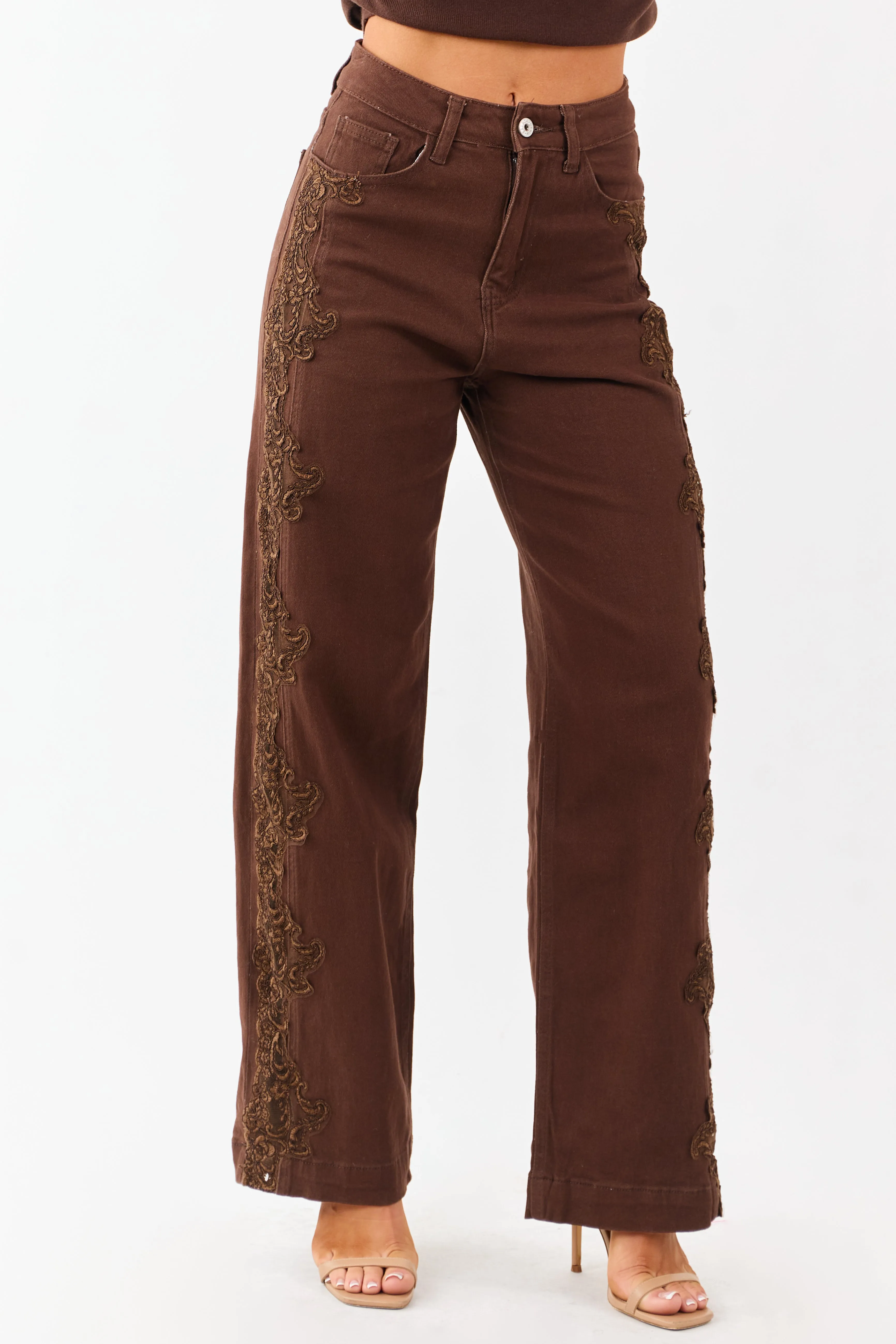 Cocoa High Rise Lace Trim Stretchy Straight Jeans sold by Lime Lush product image thumbnail 3