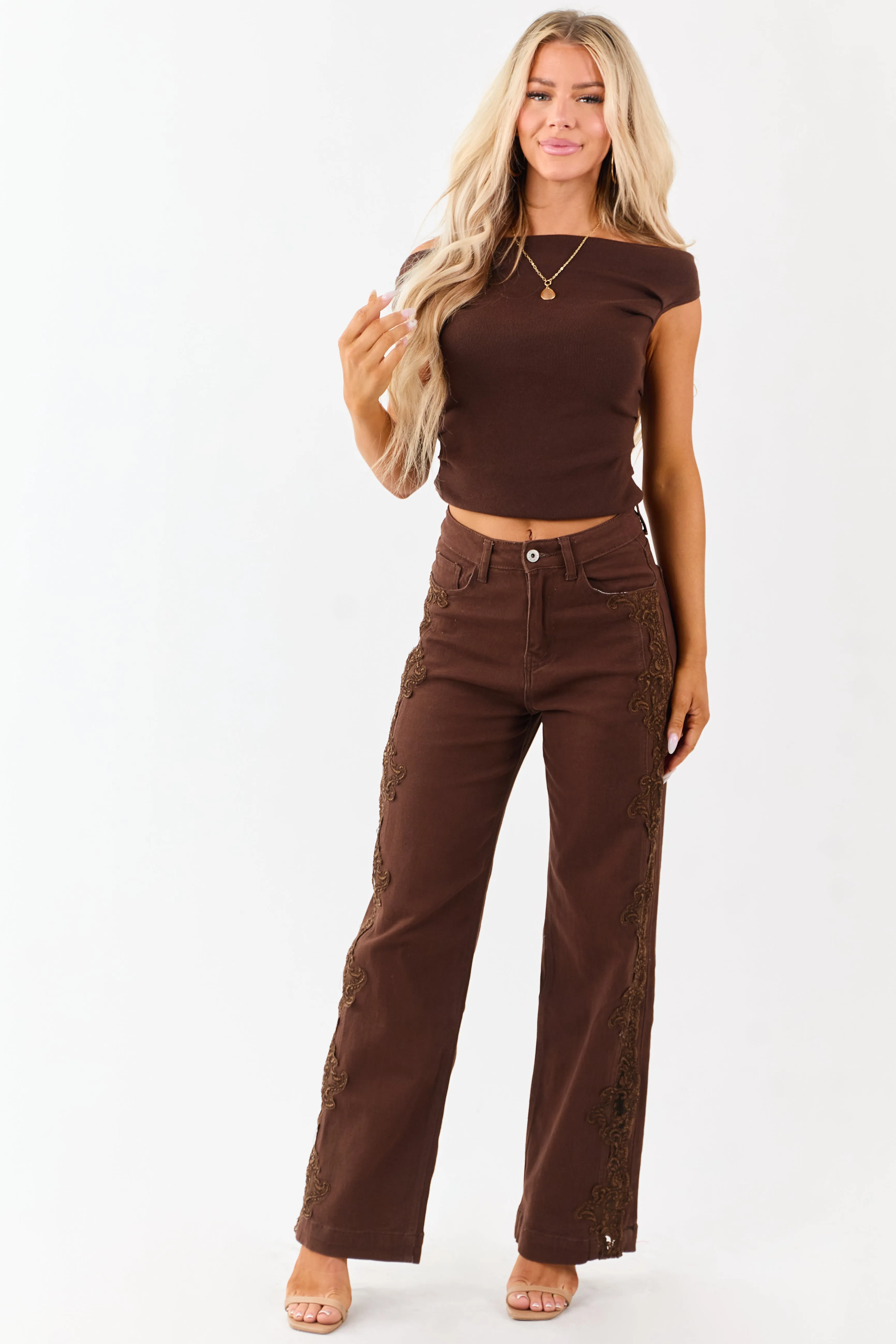 Cocoa High Rise Lace Trim Stretchy Straight Jeans sold by Lime Lush product image thumbnail 4