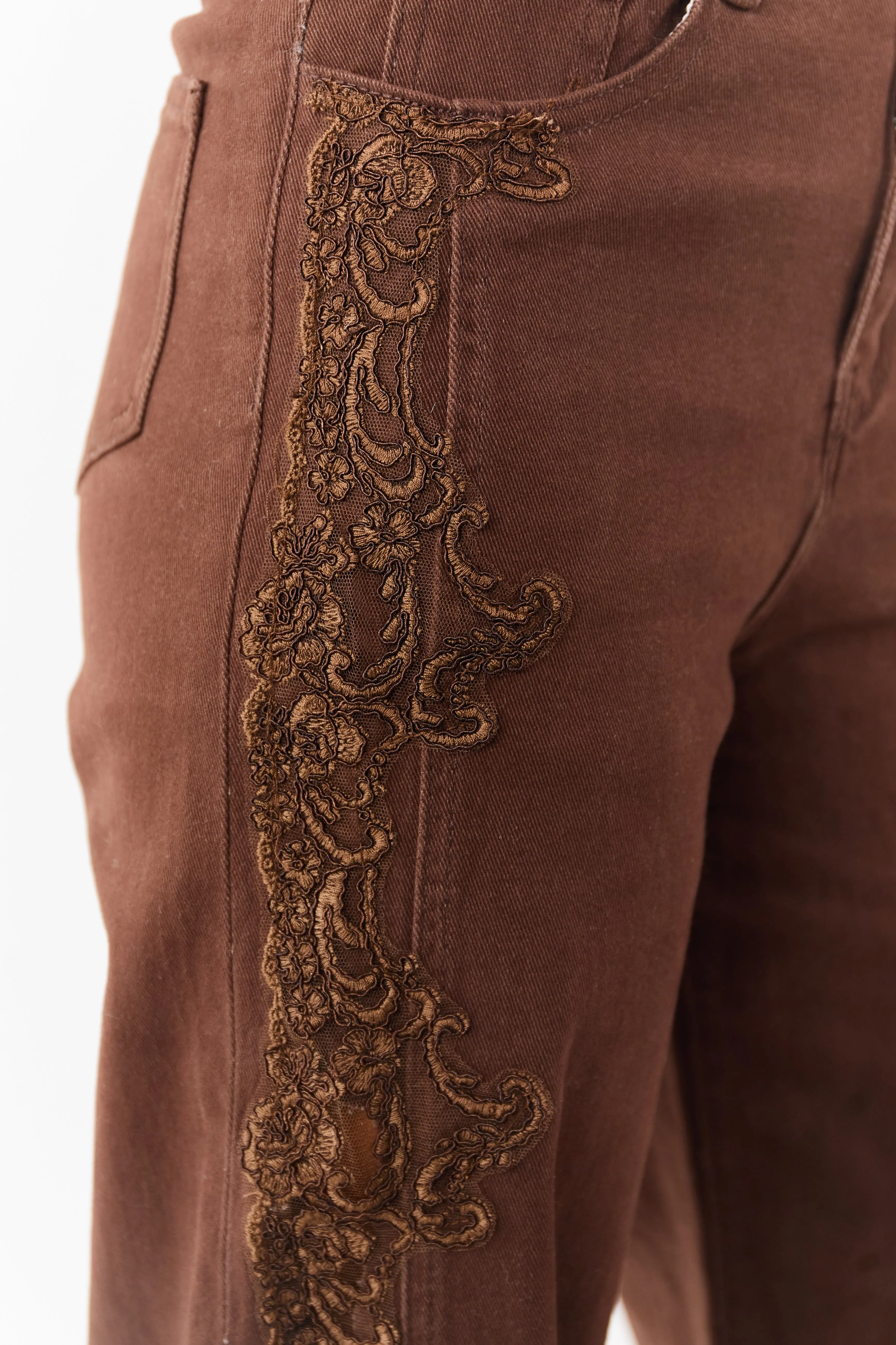 Cocoa High Rise Lace Trim Stretchy Straight Jeans sold by Lime Lush product image thumbnail 2